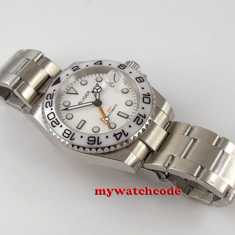 40mm BLIGER White Dial Ceramic Bezel NH34A GMT Automatic Mens Watch Sapphire