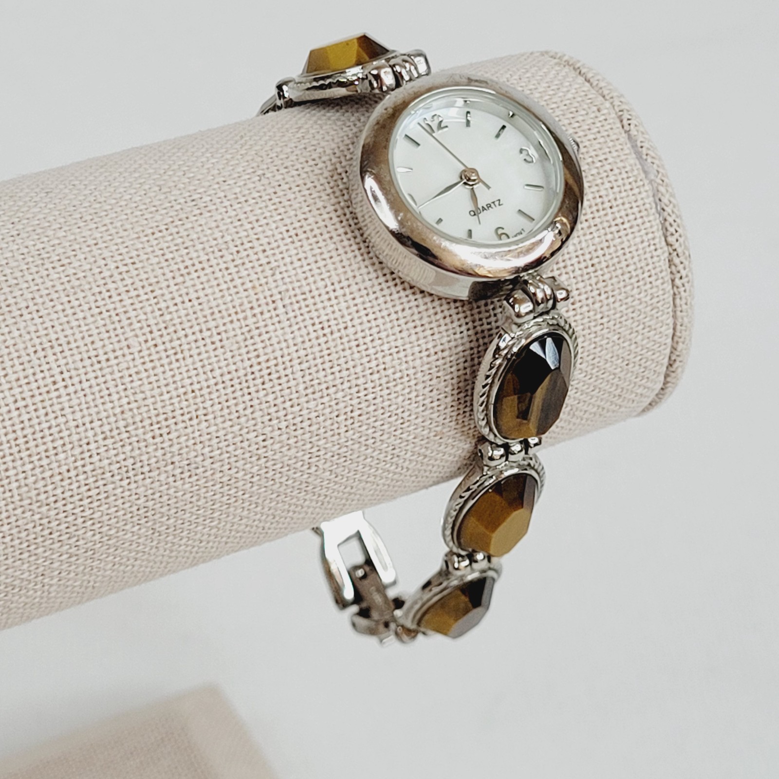 Vintage Faceted Tigers Eye Link Bracelet Silver Tone Working READ