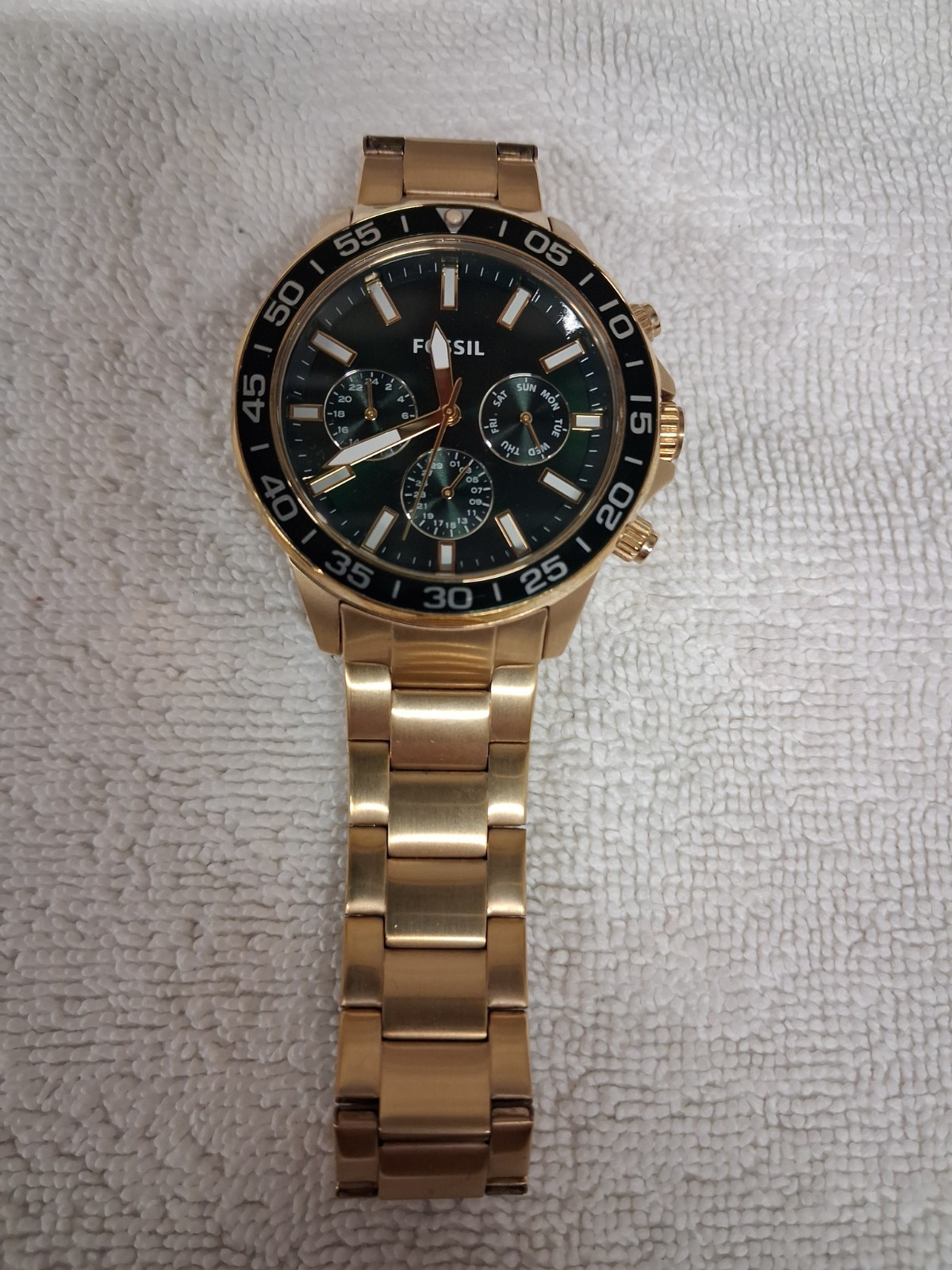 FOSSIL Bannon Mens Multifunction Watch Dark Green Dial Gold Stainless Steel Band