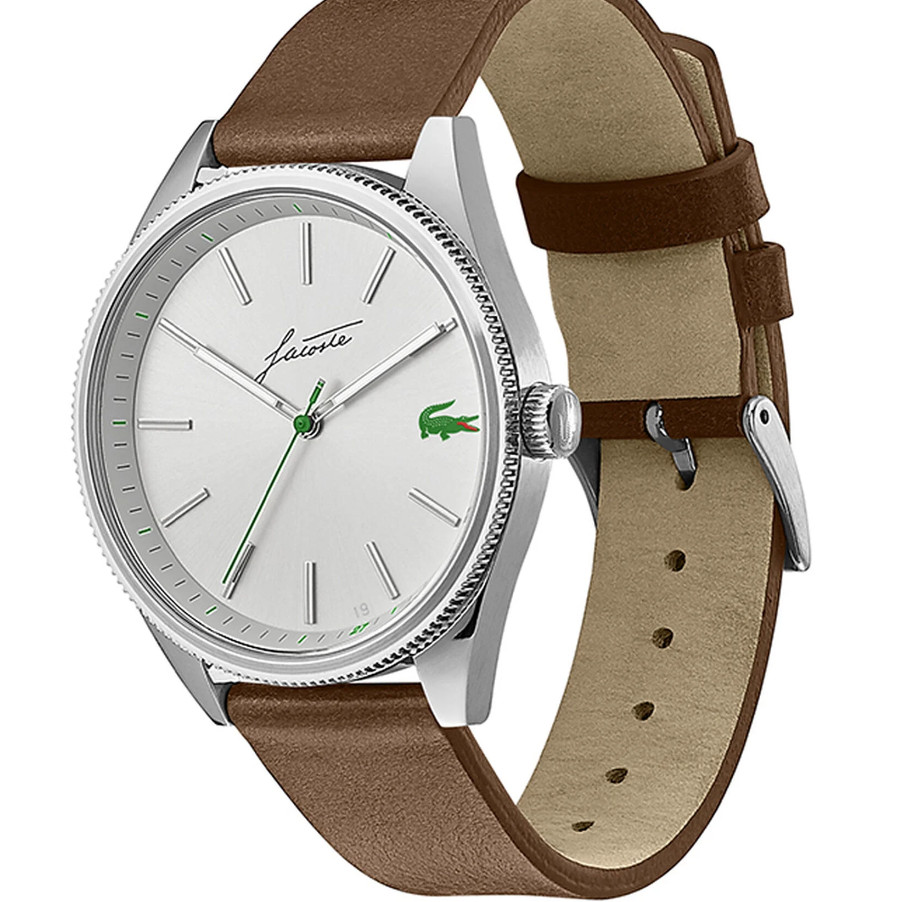 LACOSTE 2011052 SILVER DIAL BROWN LEATHER STRAP 42MM MEN’S HERITAGE WATCH