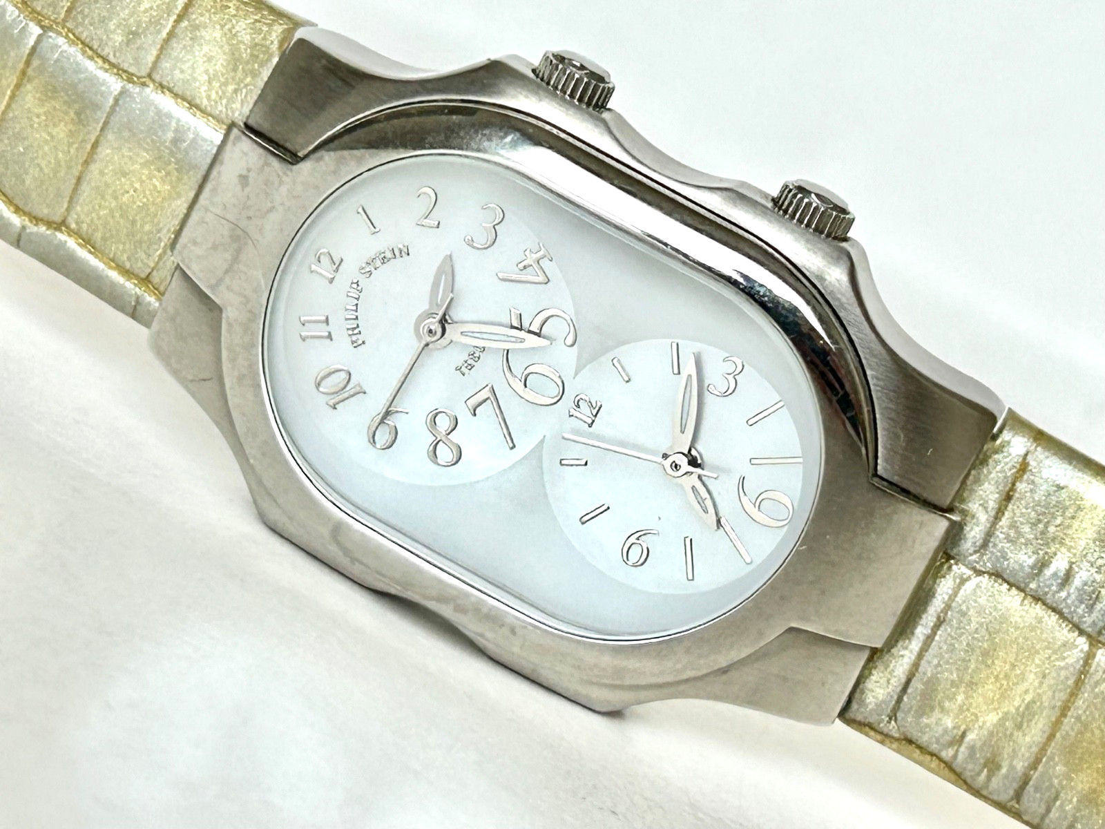 PHILIP STEIN TESLAR WOMENS DUAL TIMEZONE WATCH MOTHER OF PEARL 2 LEATHER BANDS