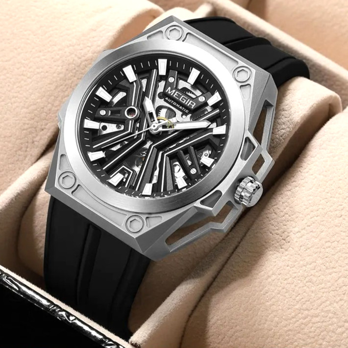 47MM MEGIR Automatic Skeleton Watch Men’s Luxury Waterproof Silicone Analog NEW