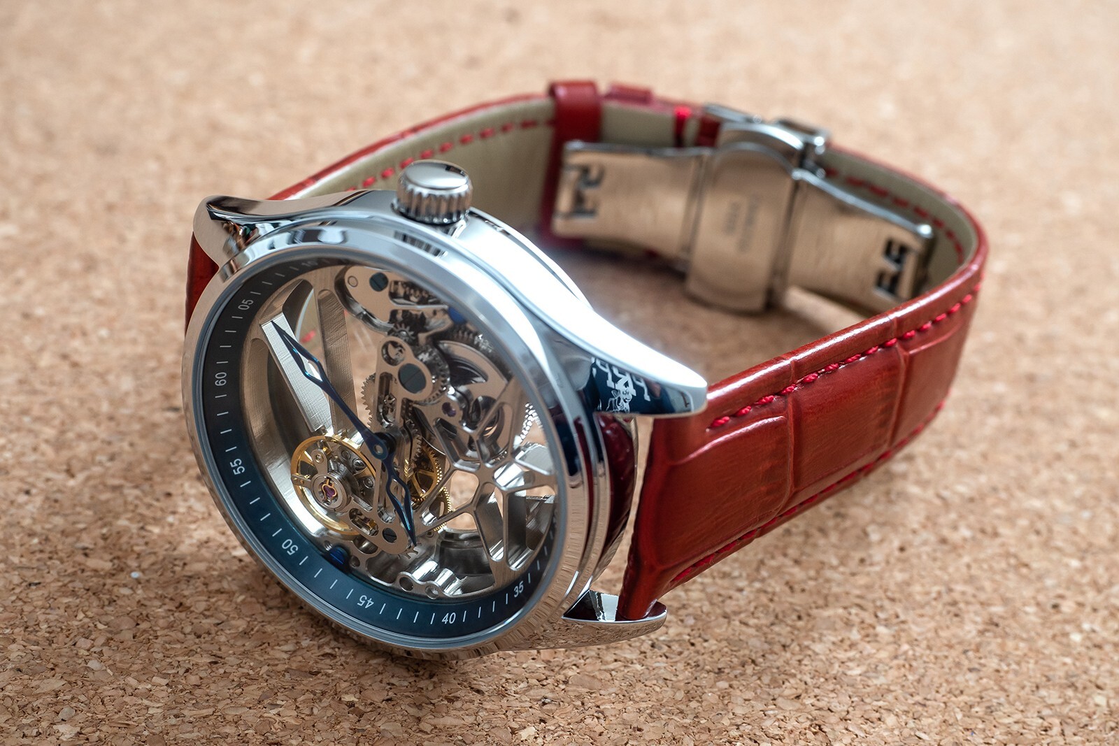 Mens Flywheel Bridge Movement Automatic Mechanical Watch Silver Red Leather Gift