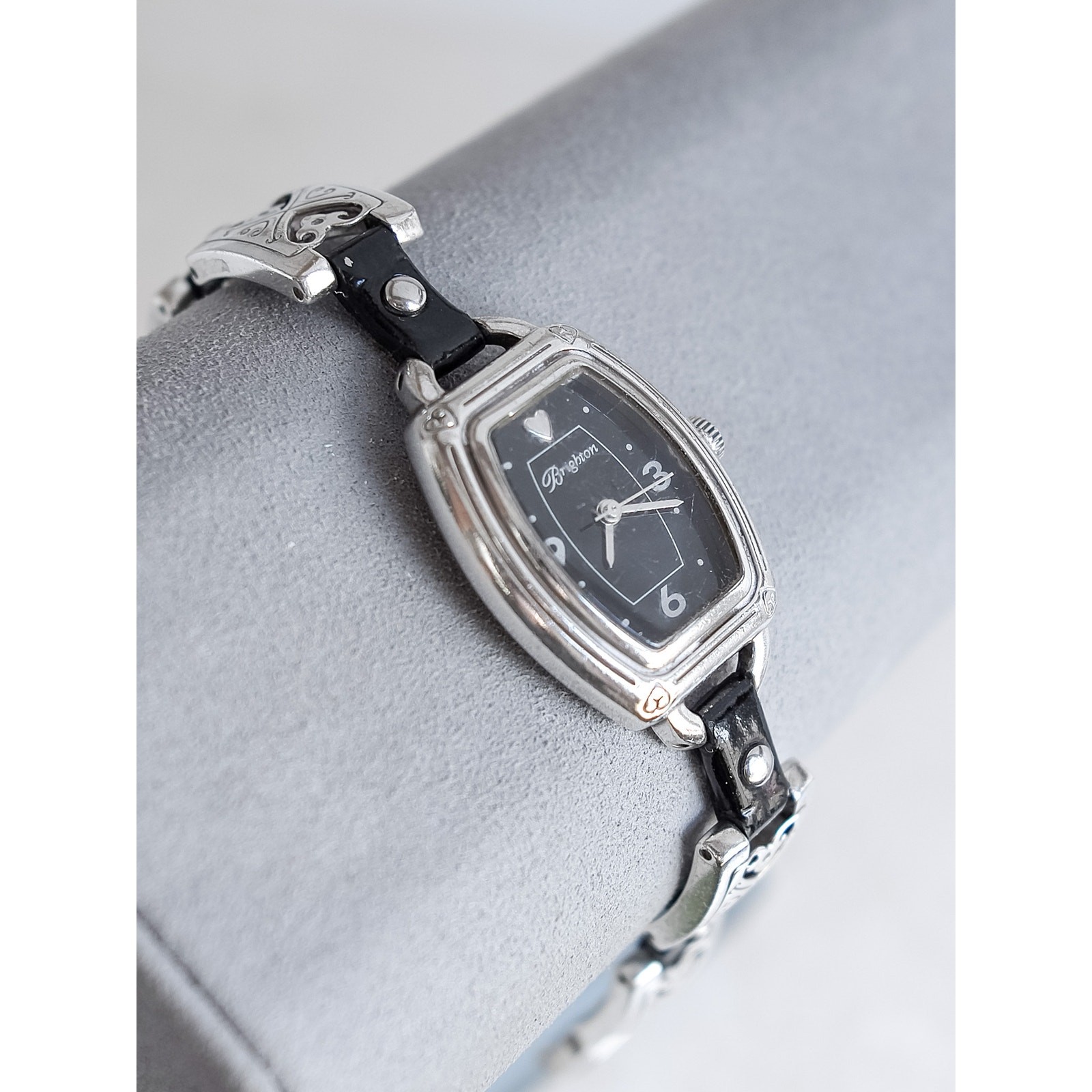 Brighton Bismark Black Leather Silver Plated Links Watch Quartz Fold Over Clasp