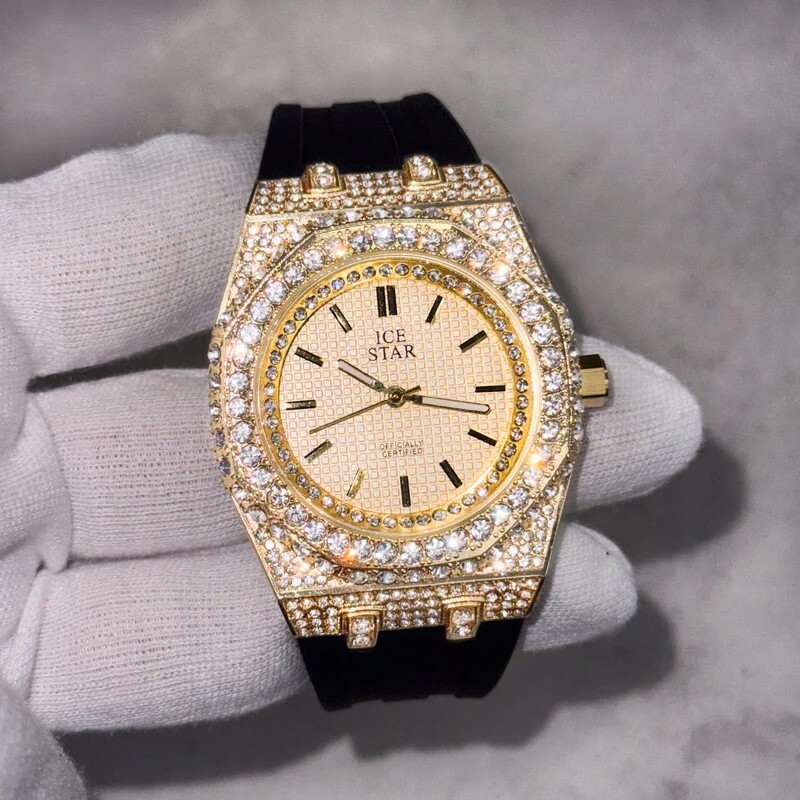 MEN’S ICED WATCH SILICONE BAND LUXURY SIMULATED DIAMOND BLING OCTAGON BEZEL