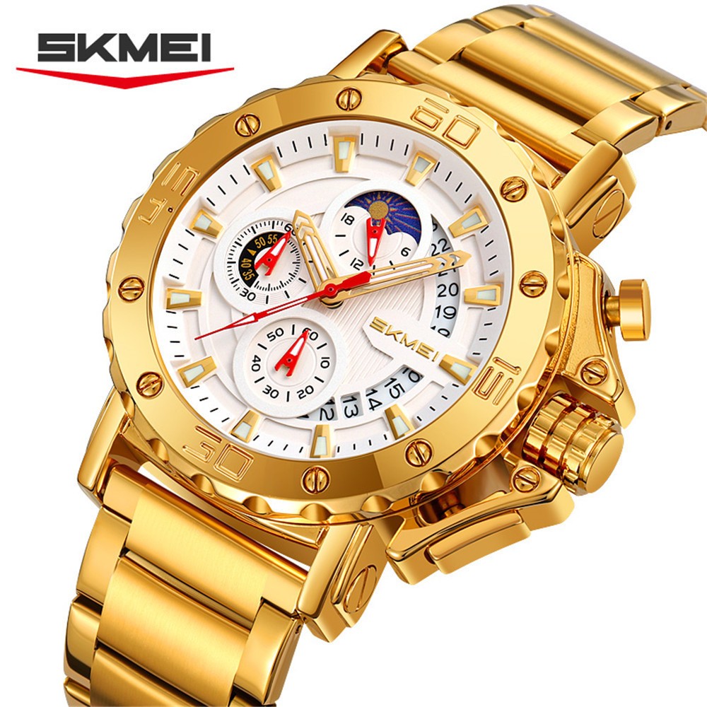 SKMEI Men Quartz Watch Multifunction Wristwatch Gold Steel Business Males Watch