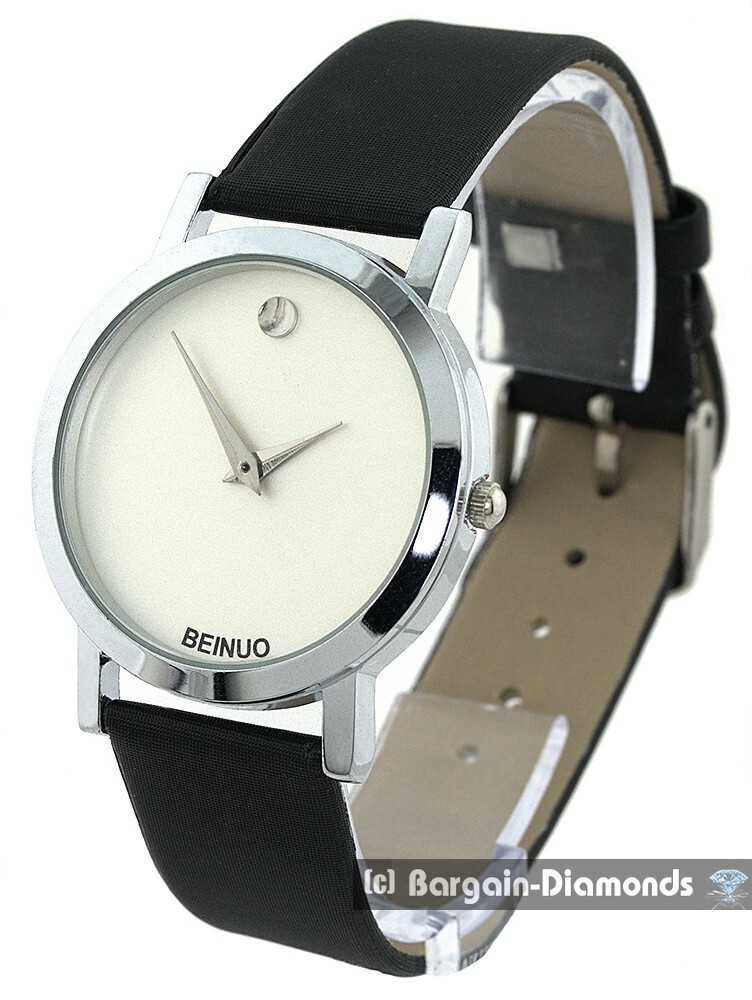 Mens Silver-White Business-Clubbing Watch White Dial Black Leatherette 6″-8.5″