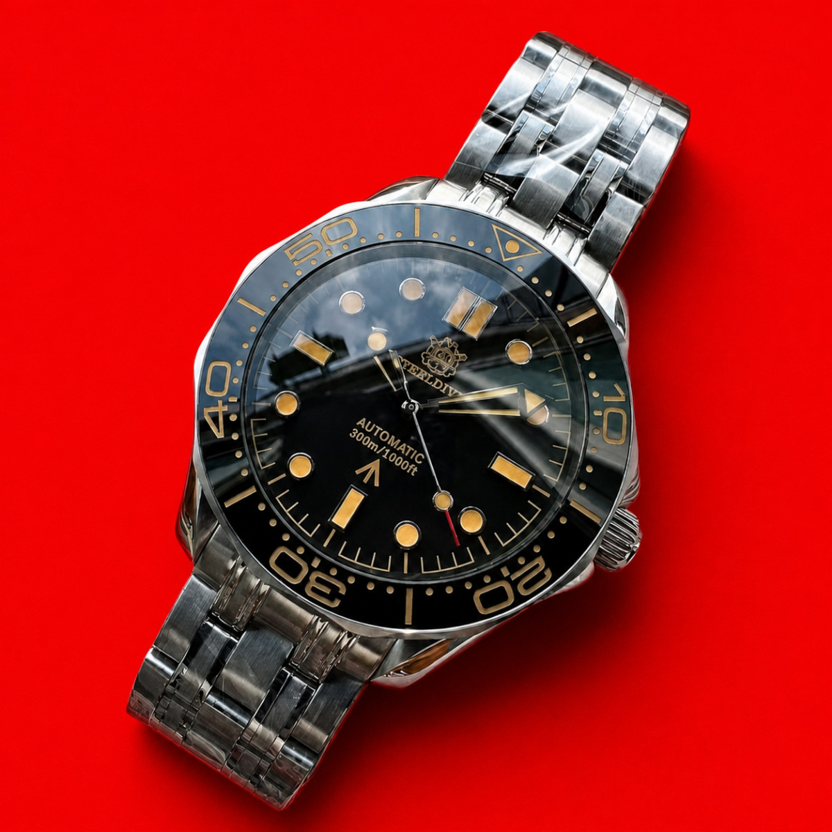 Men’s Stainless Diver Watch Black Orange Dial Luminous 300M Waterproof Steeldive
