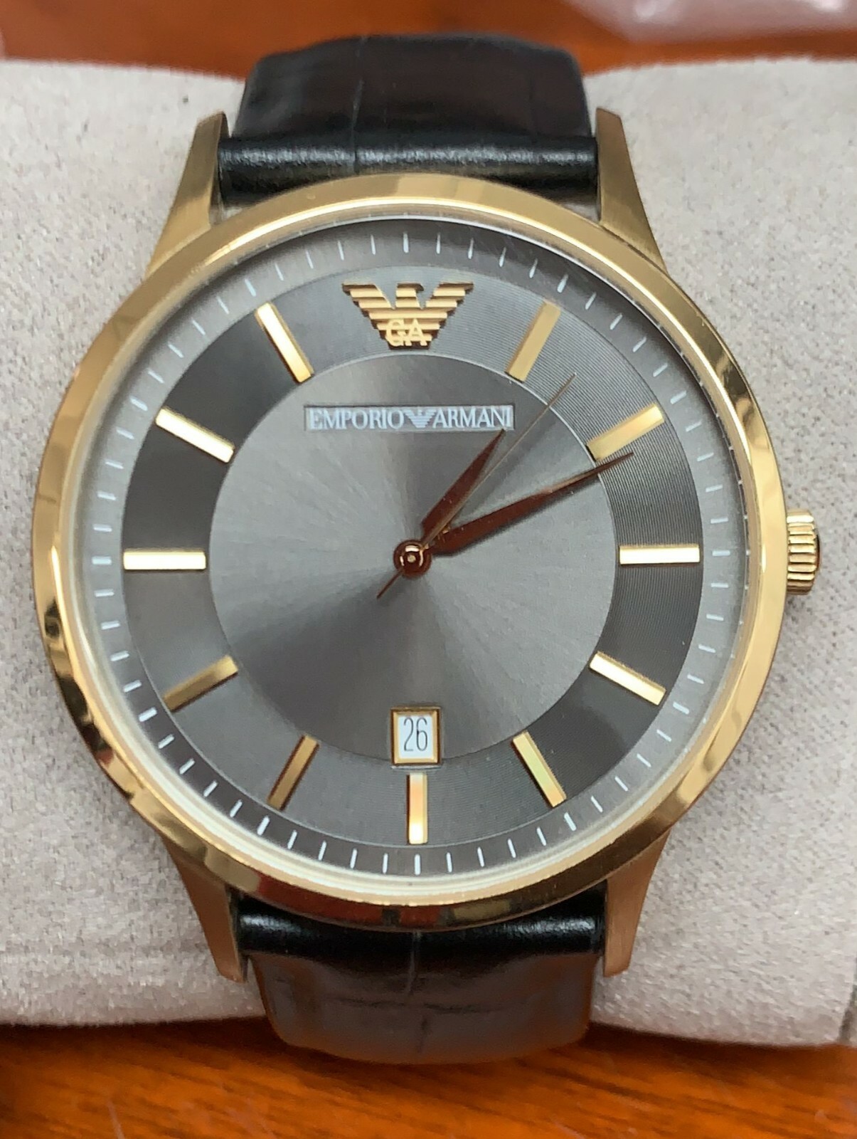 Emporio Armani AR11049 Men’s 43mm Grey Dial Black Leather Band Watch