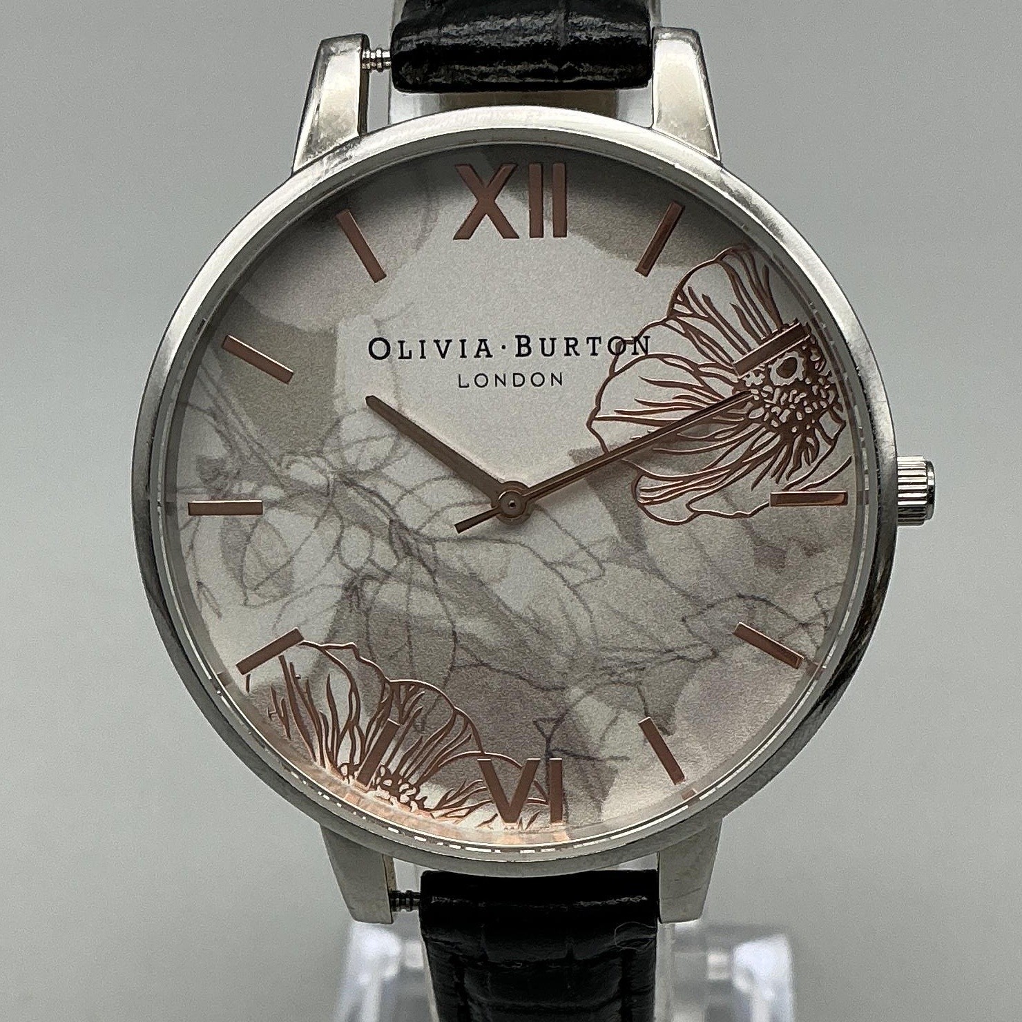 Olivia Burton Womens Watch 38mm Floral Dial Black Leather Strap New Battery
