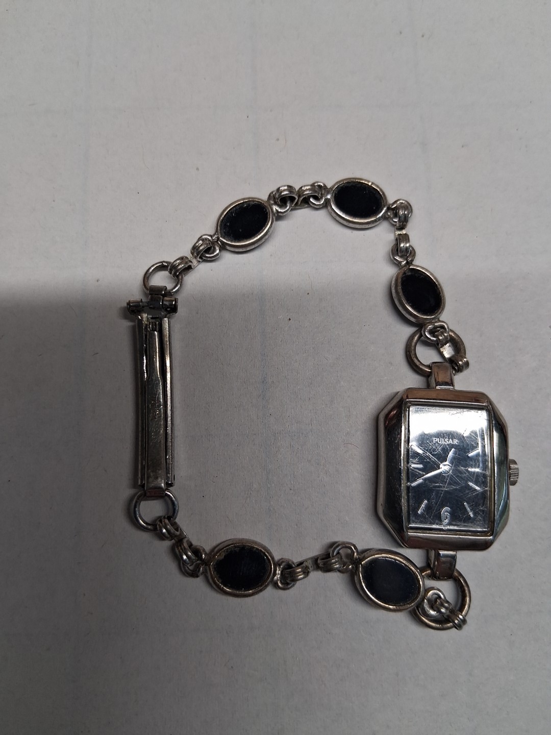 Vintage Pulsar Womens Bracelet Watch Black Stone Silver Tone Parts Repair