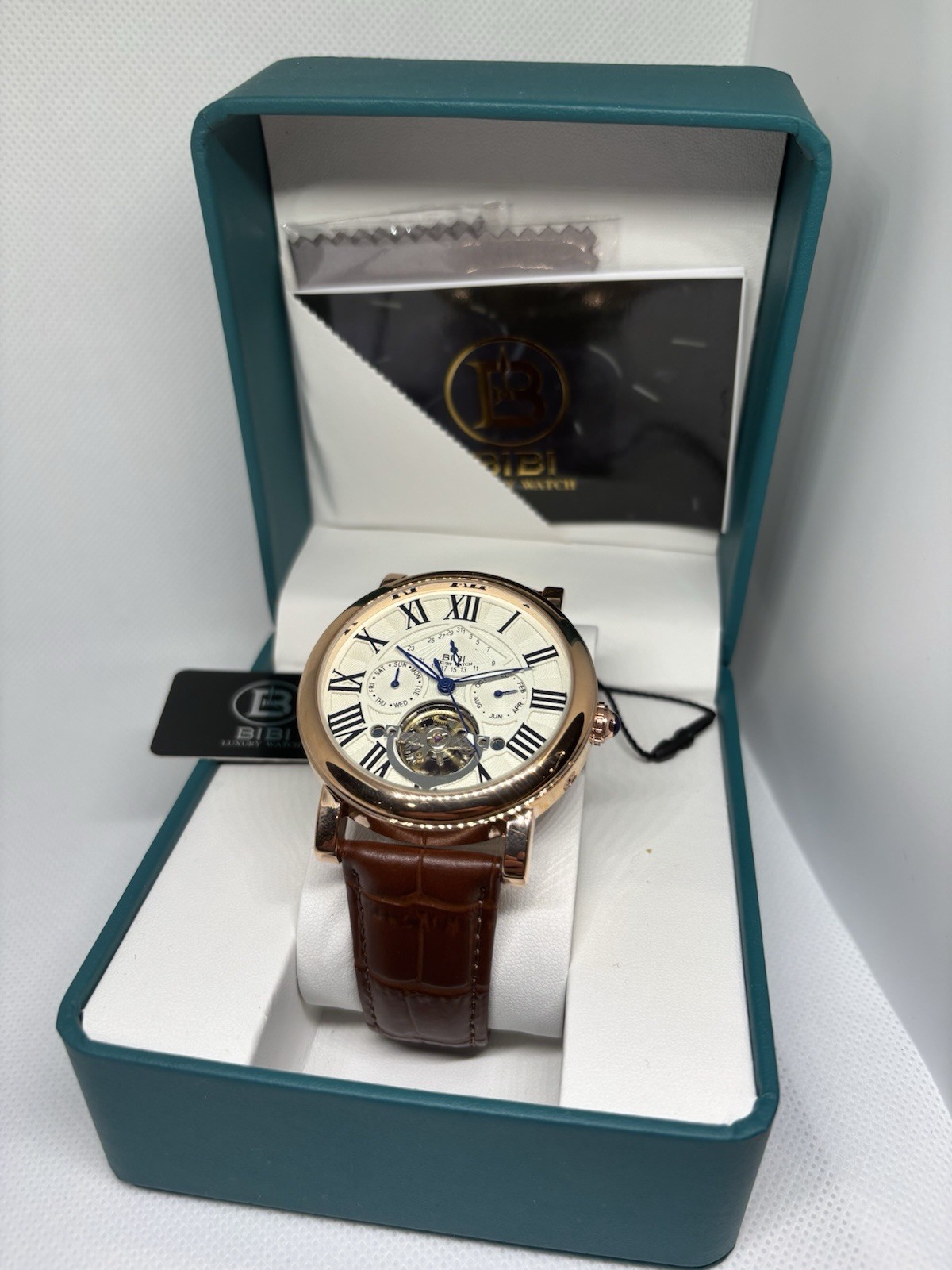 BIBI Automatic Tourbillon Rose Gold Roman Dial Leather Men’s Watch Box Papers