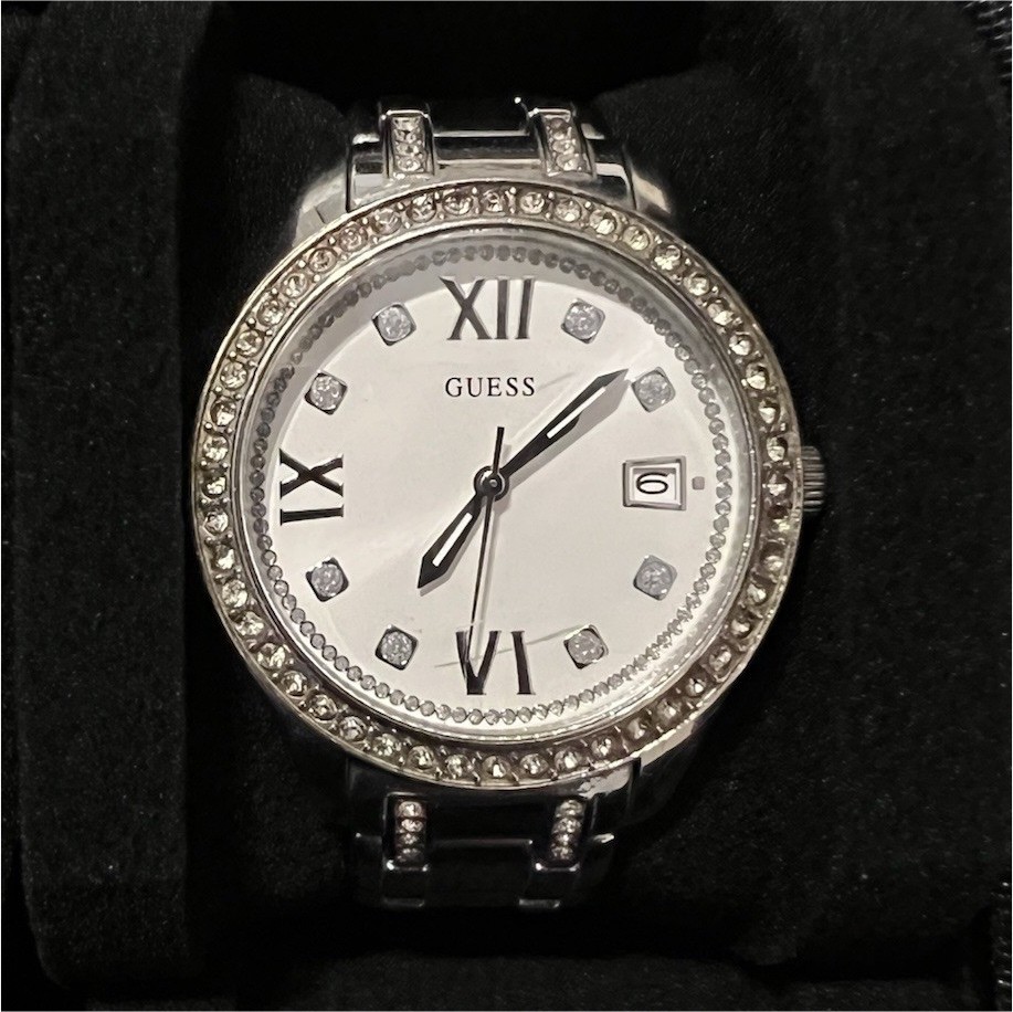 GUESS Women’s Silver Analog Roman Numeral Date Gem-Set Bezel Metal Bracelet