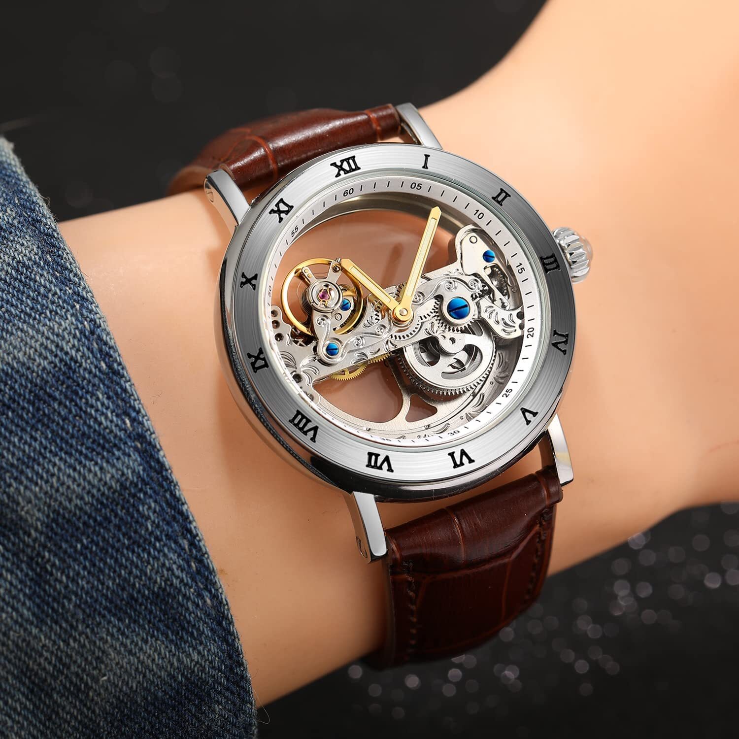 Men’s Unique Design Automatic Self Wind Genuine Leather Strap Skeleton Watch New
