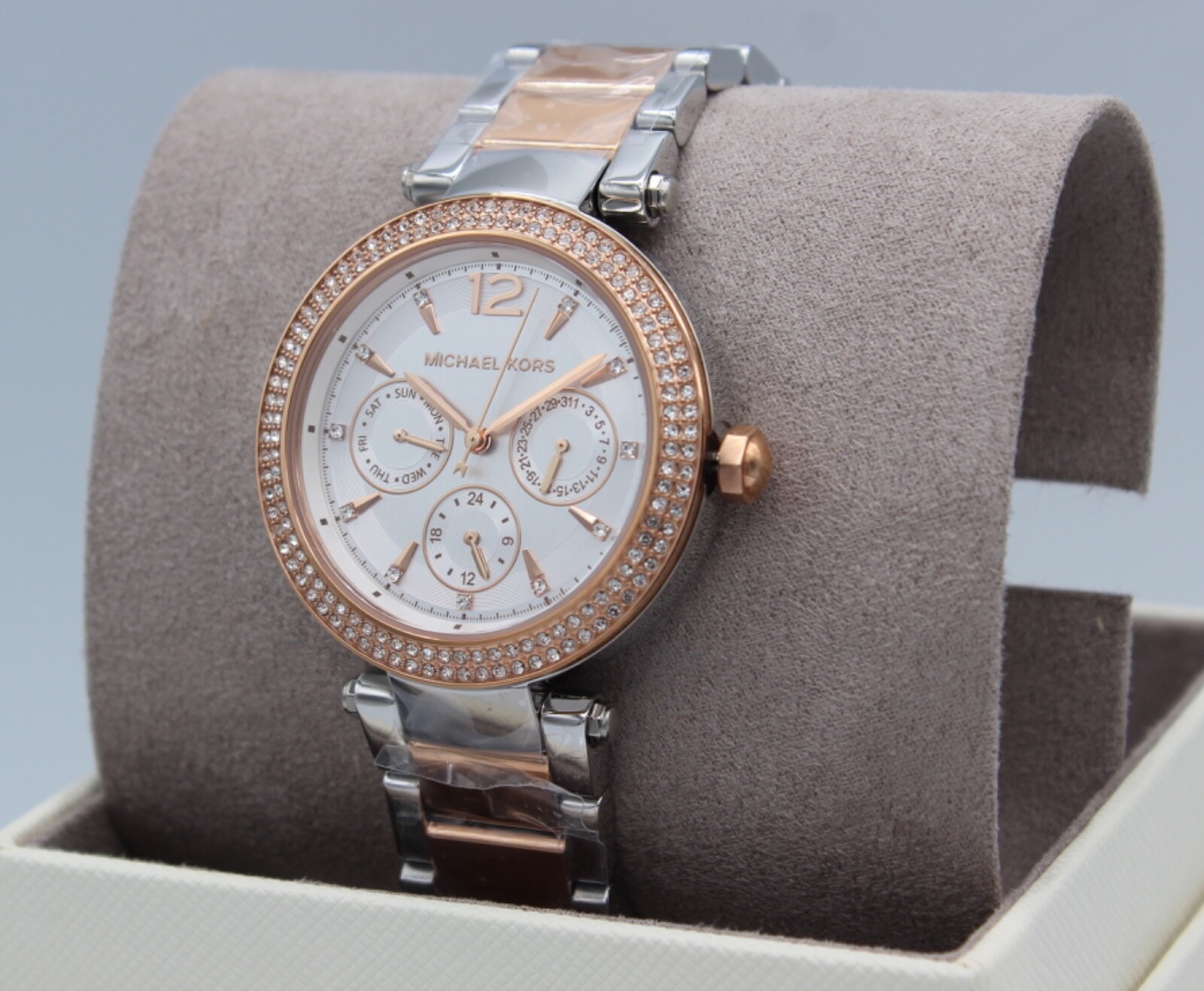 NEW AUTHENTIC MICHAEL KORS PARKER CHRONO SILVER ROSE GOLD MK6301 WOMEN’S WATCH