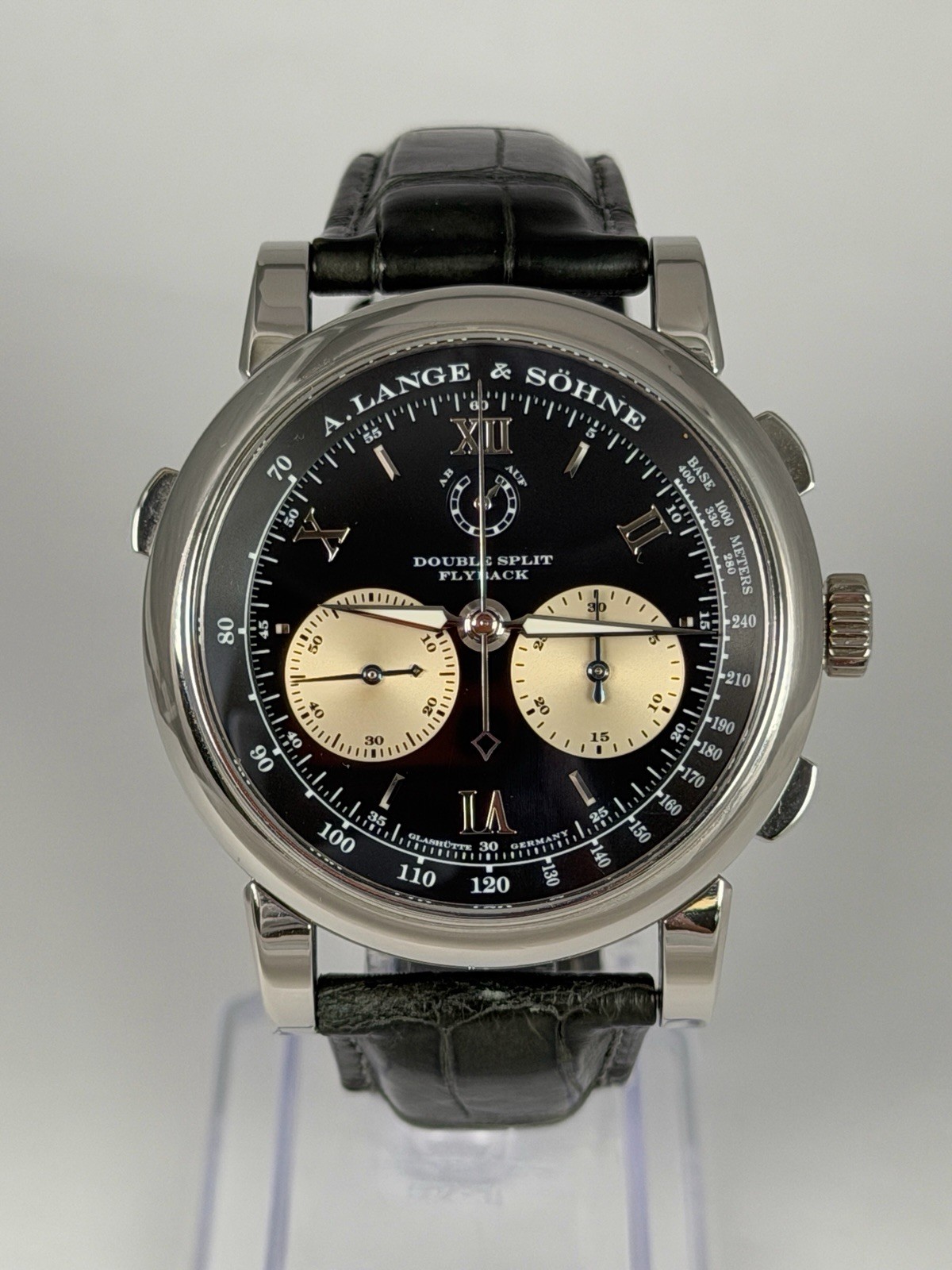 A Lange Sohn 404.035 Double Split Platinum Watch Only Green Strap