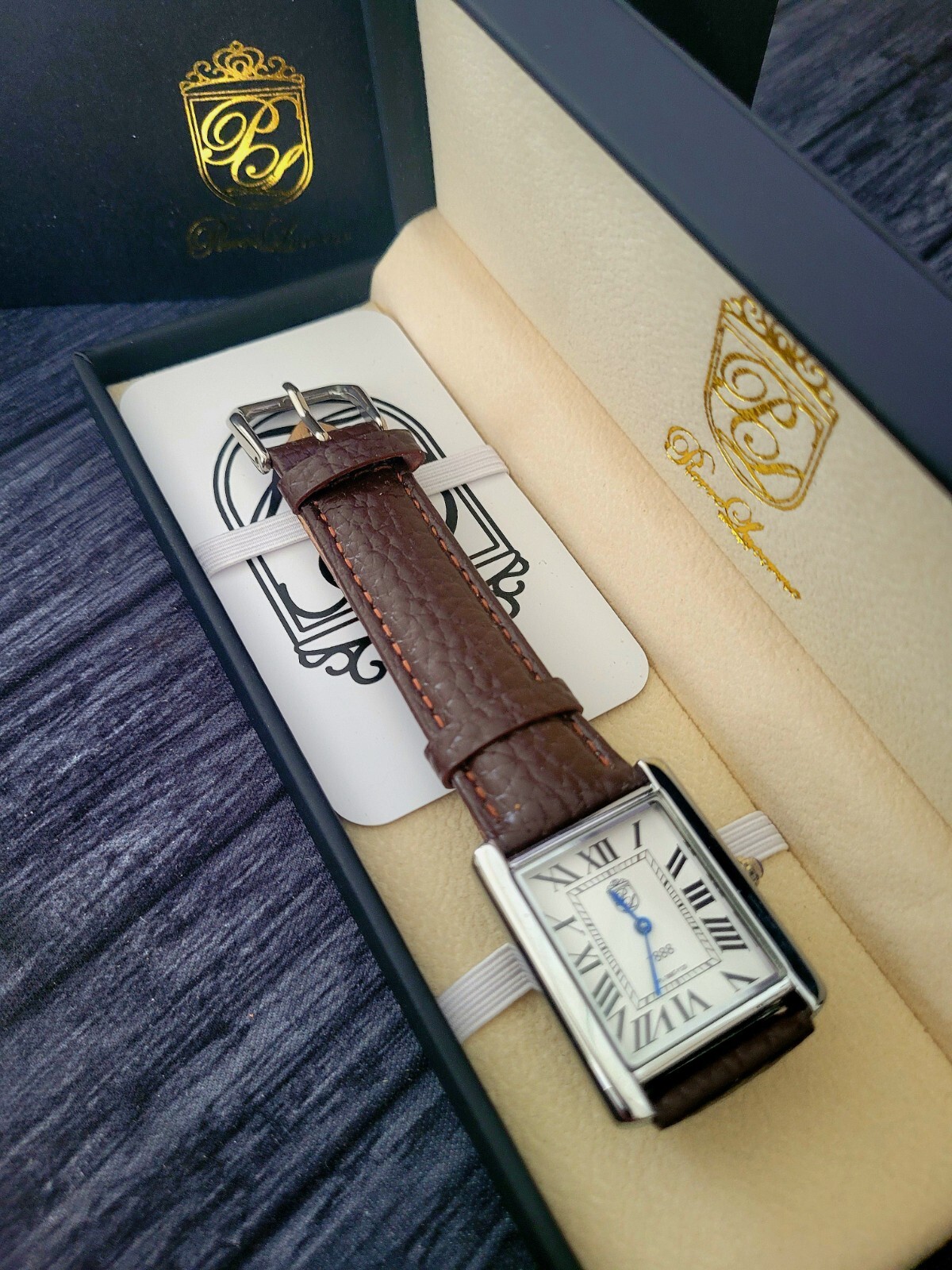 Pierre Lucerne Classic Mens Tank White Dial Brown Leather band Watch With Box