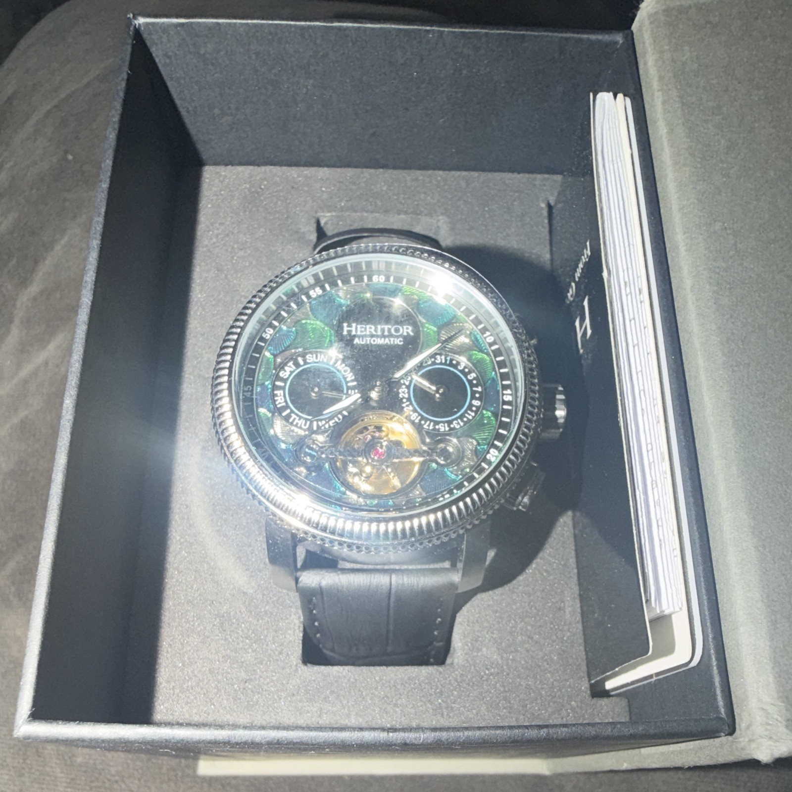 Heritor Automatic Men’s Skeleton Watch 45mm Green Dial Black Leather Day/Date
