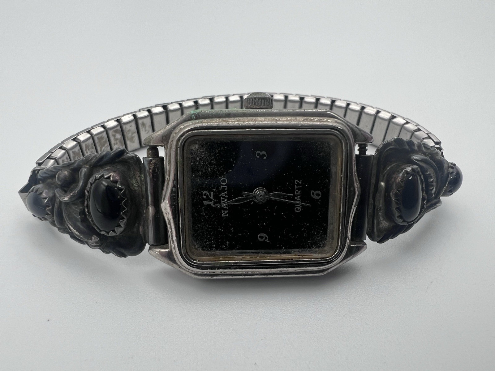 Southwestern Style Black Onyx Cabochon Quartz Cuff Watch Stretch Band AS IS