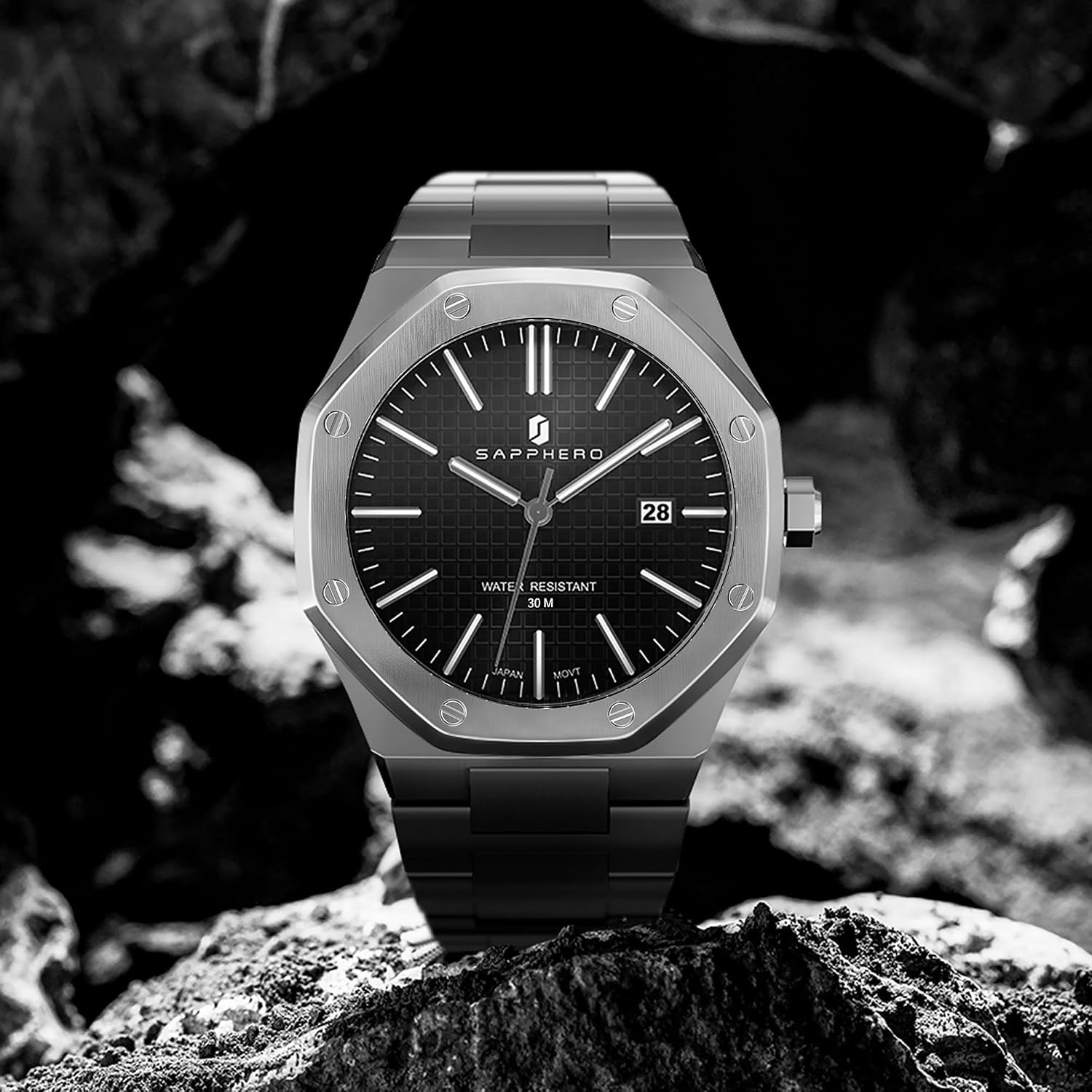 Men’s Octagonal Quartz Watch Stainless Steel 50M Waterproof Luminous Date