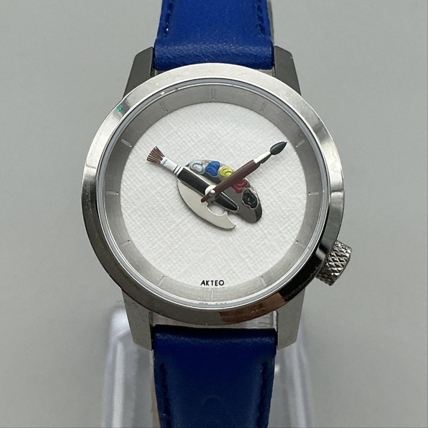 Akteo Womens Watch 29mm Art Palette Dial Blue Leather Strap France New Battery
