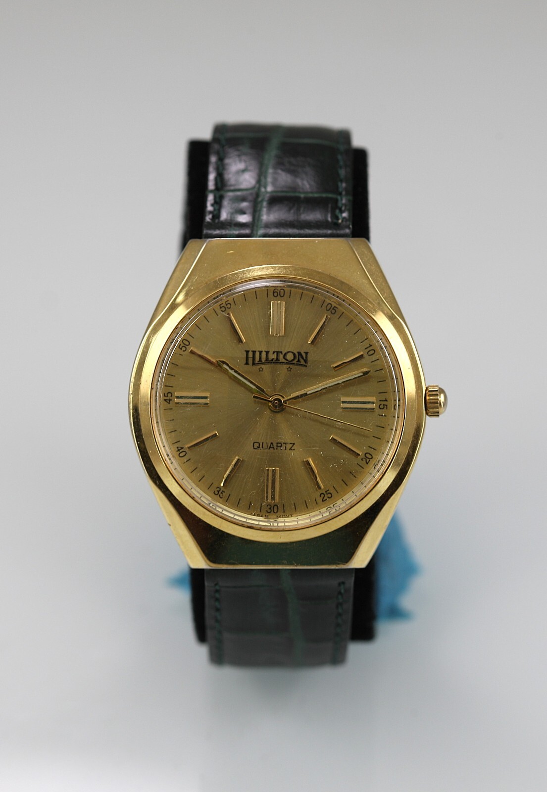 Hilton Watch Men Gold Stainless Steel Water Resist Green Leather Battery Quartz