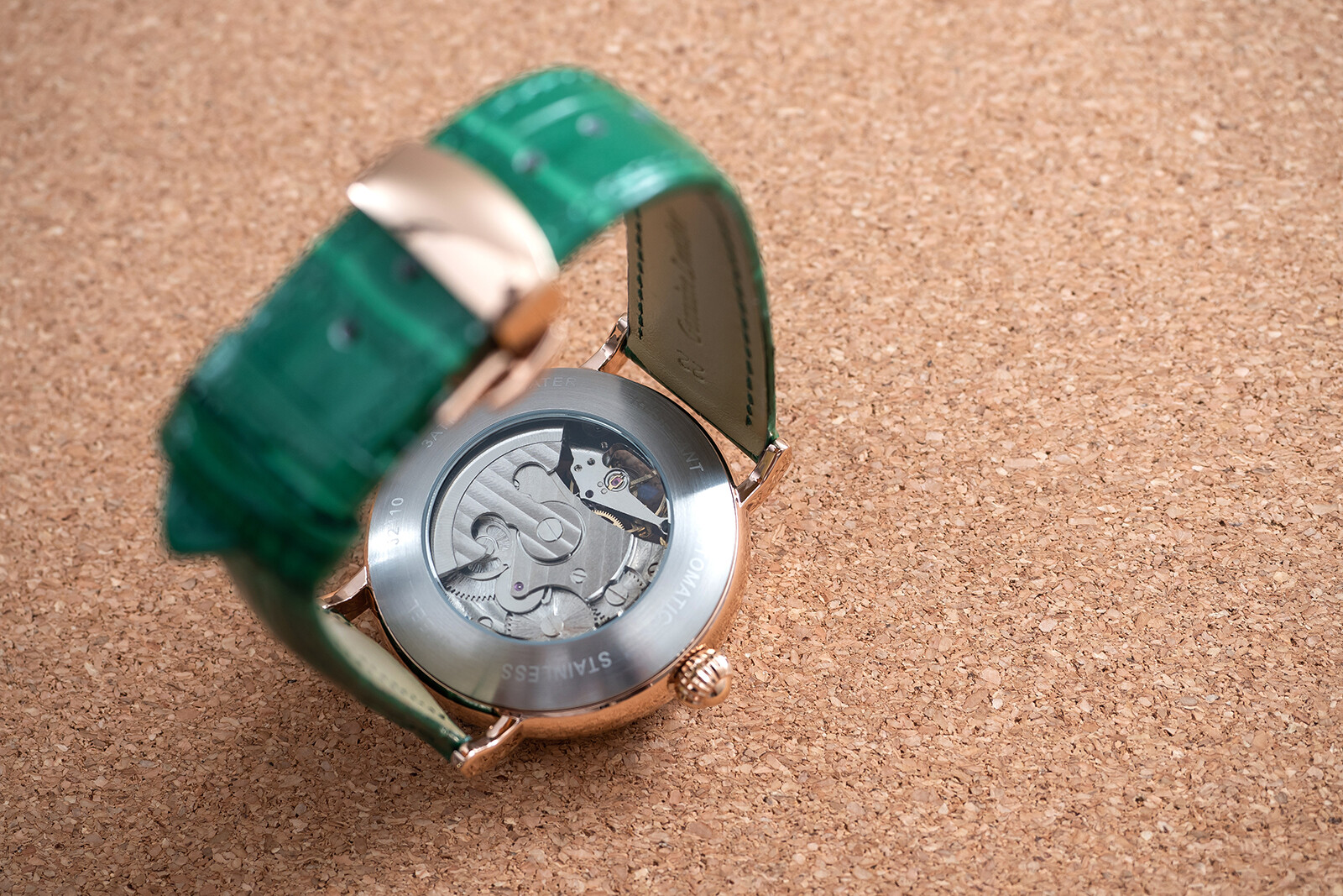 Mens Dual Time Automatic Mechanical Skeleton Watch Rose Gold Green Leather