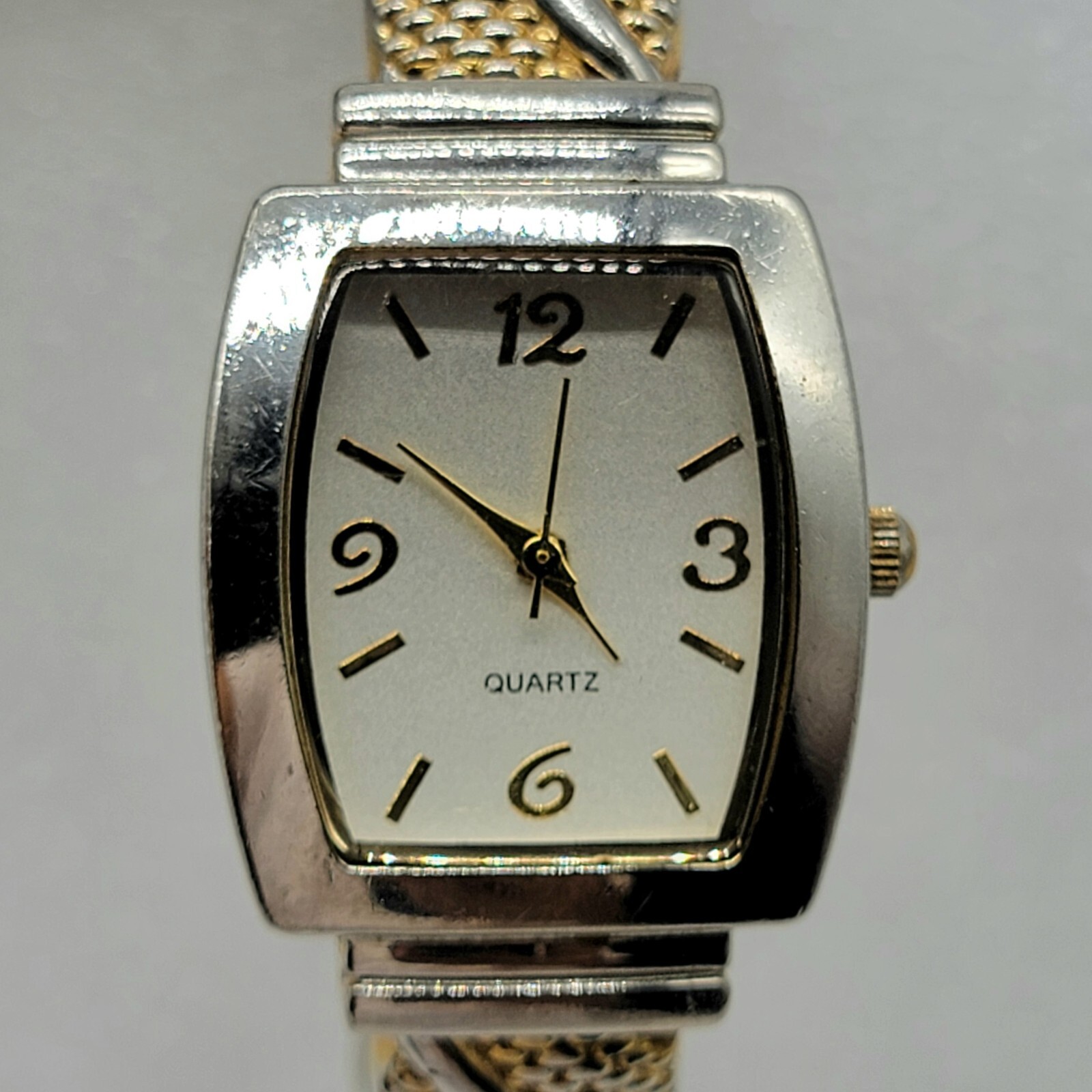 Women Tonneau Watch 25mm Two Tone Metal Hinged Band