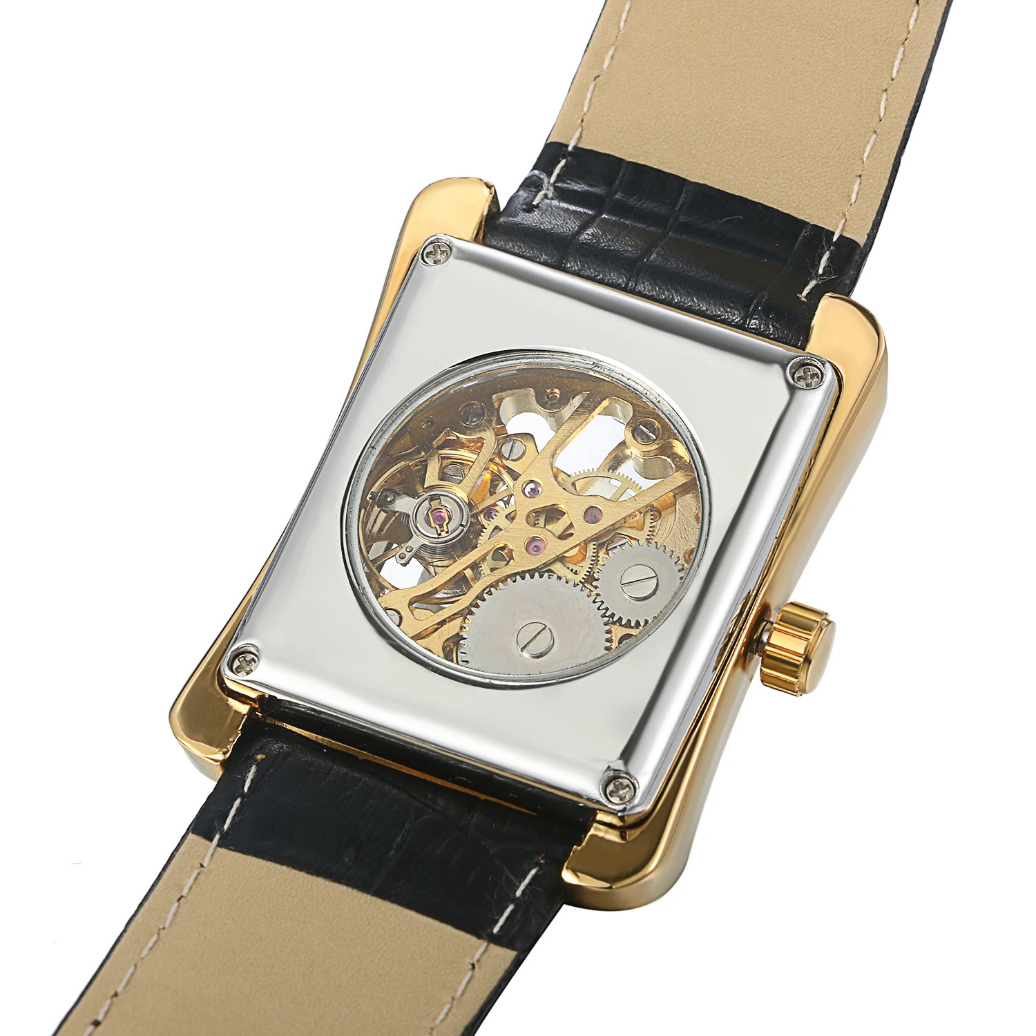 Lancardo Men’s Automatic Skeleton Watch Leather Strap Gold Silver 3ATM