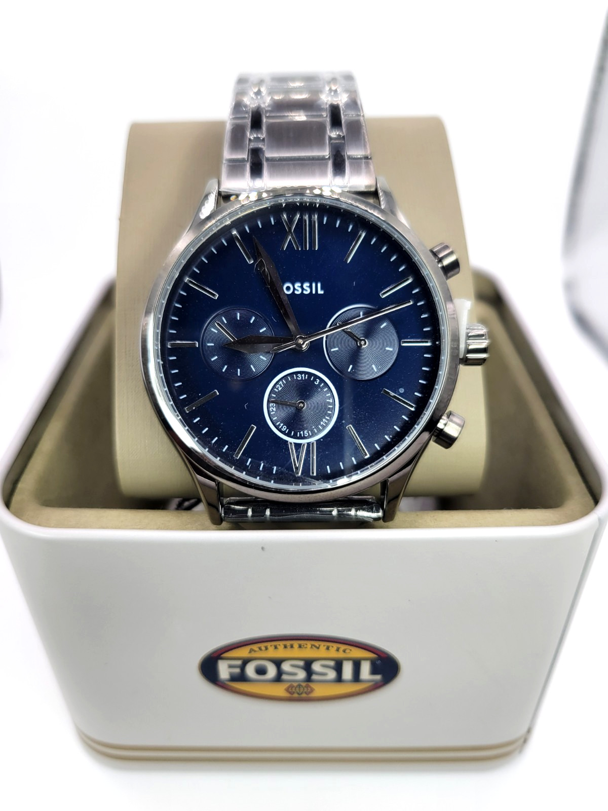 Mens FOSSIL Fenmore Multifunction Watch Blue Dial Day Date Stainless Steel Band