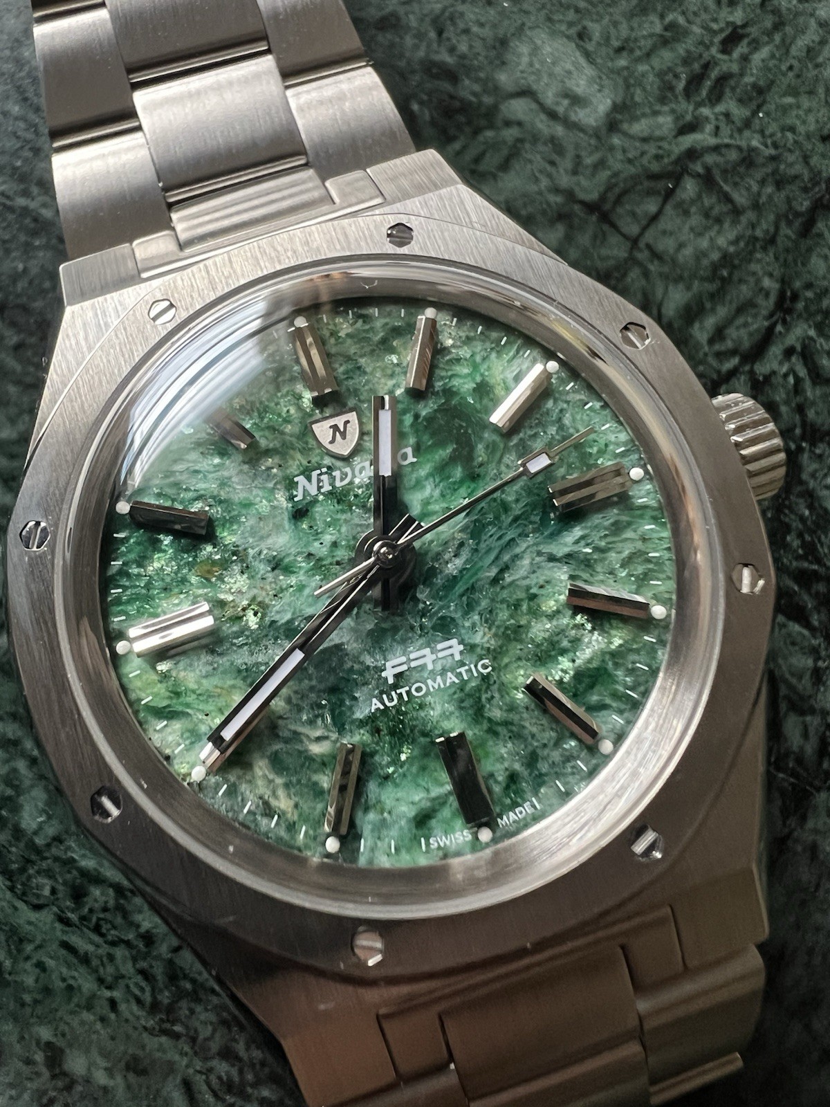 Nivada Grenchen F77 Automatic Stainless Steel Green Aventurine Dial Watch