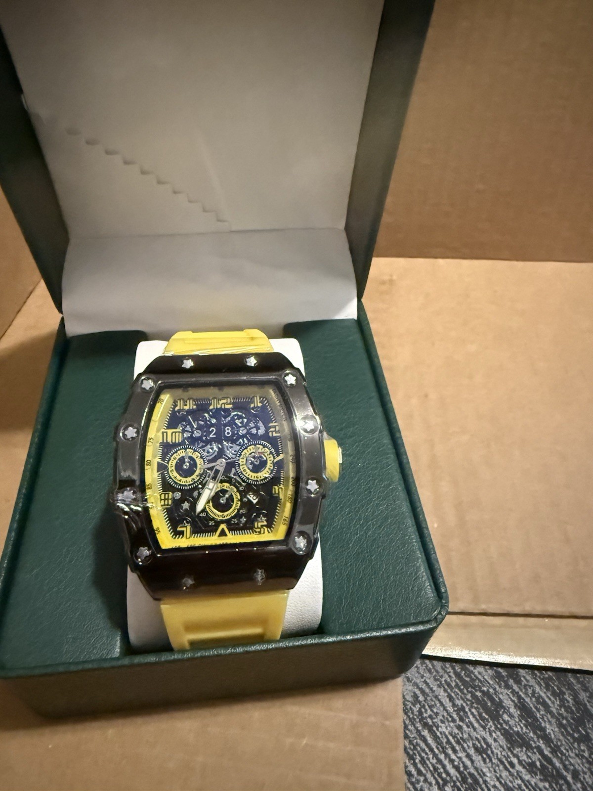 Men’s Tonneau Chronograph Analog Wristwatch Black Case Yellow Rubber Strap Box