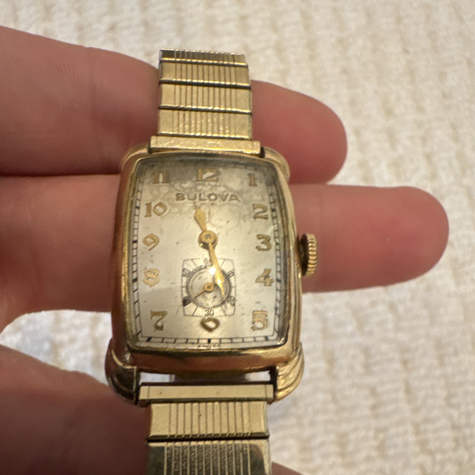 Bulova Vintage Rectangle Manual Wind Watch. Small Sec Gold. RUNS WELL