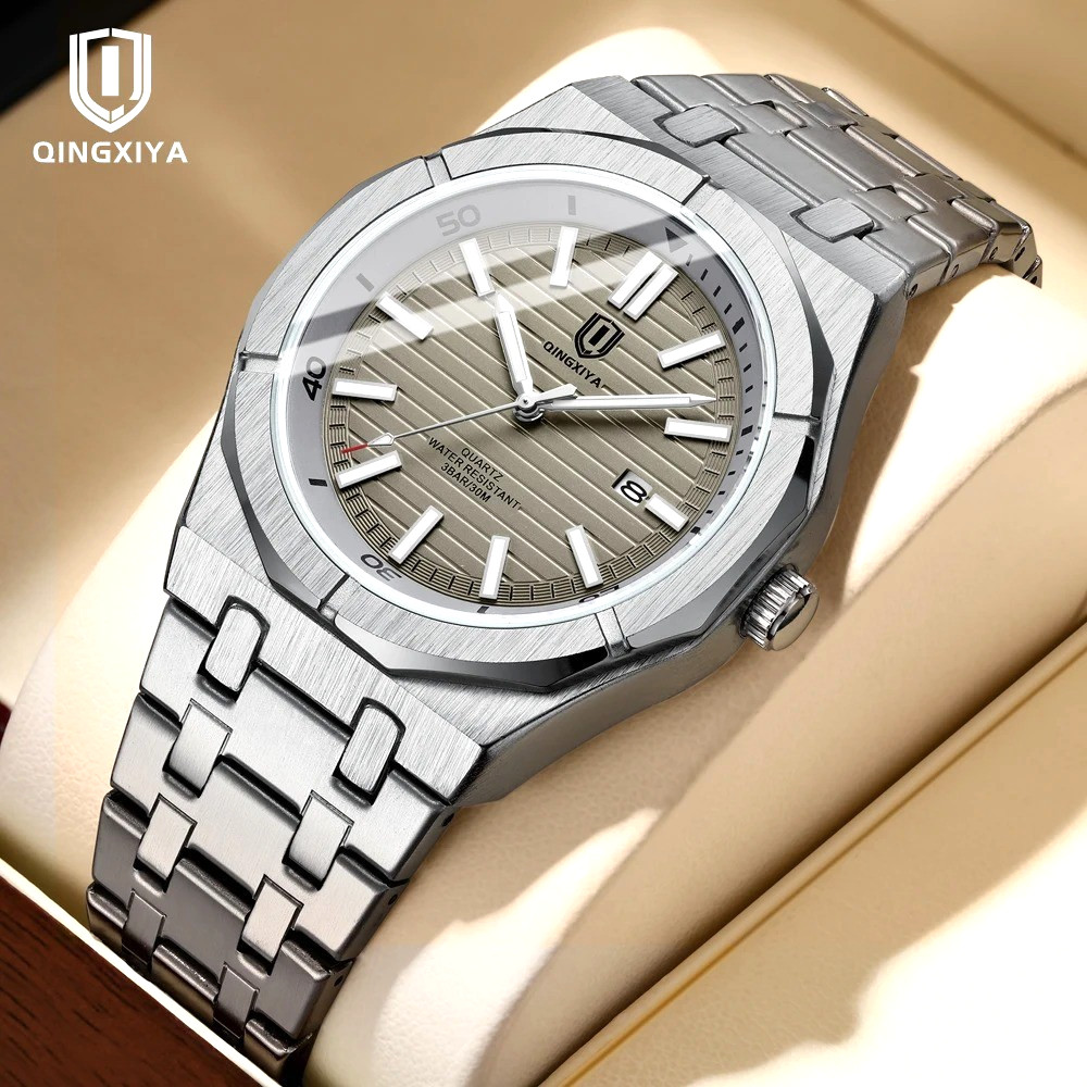 40MM QINGXIYA Quartz Men’s Watch Stainless Steel 30M Waterproof Luminous Analog