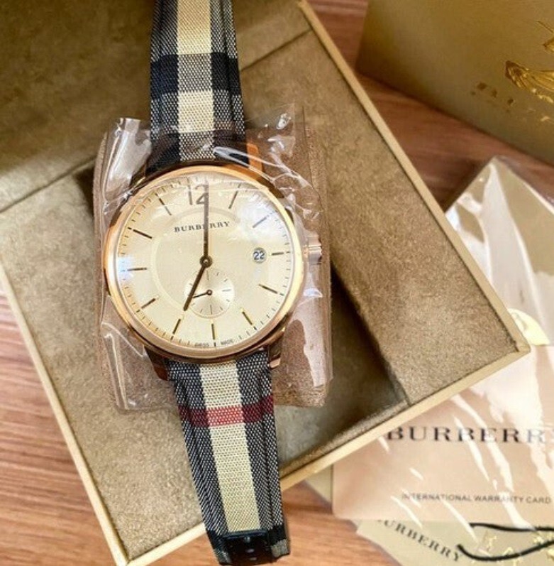 NEW BURBERRY MENS WATCH BU10001 LEATHER FABRIC STRAP & CHAMPAGNE DIAL