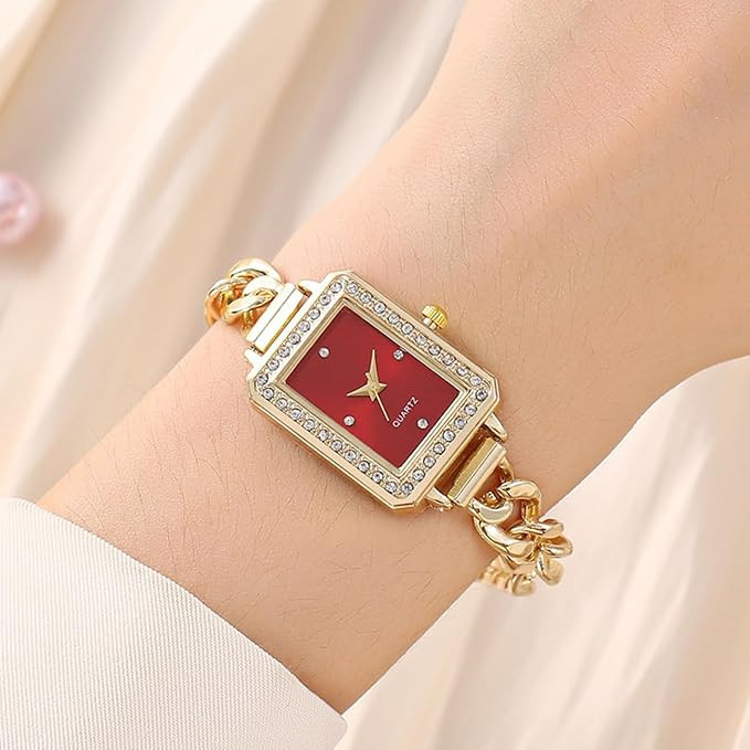 New Rectangular Diamond-encrusted Watch Gold Bracelet Fashion Watch Full Color