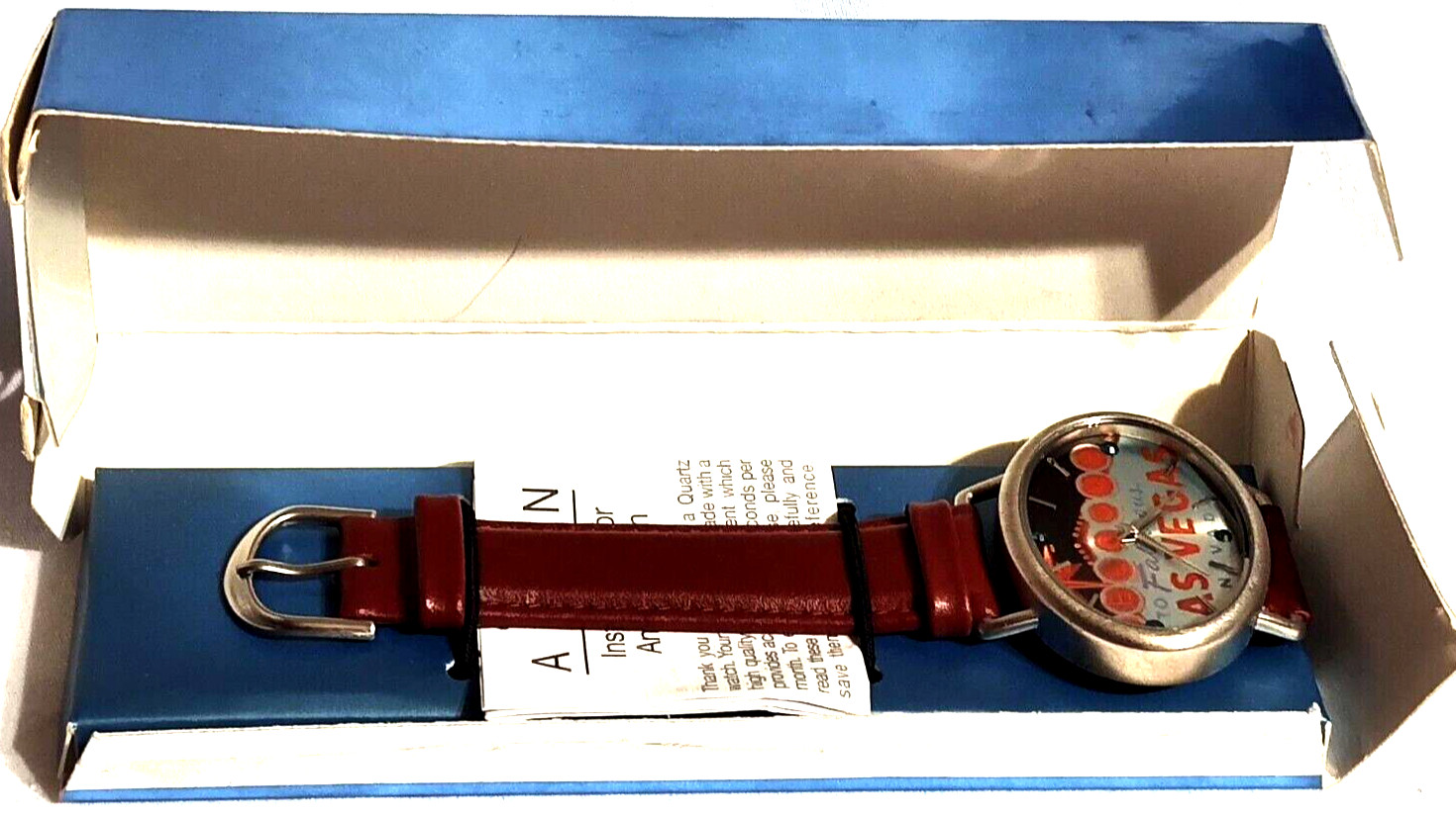 New NIB Avon Wristwatch Quartz Red Band Travel Destination Lucky Las Vegas Watch