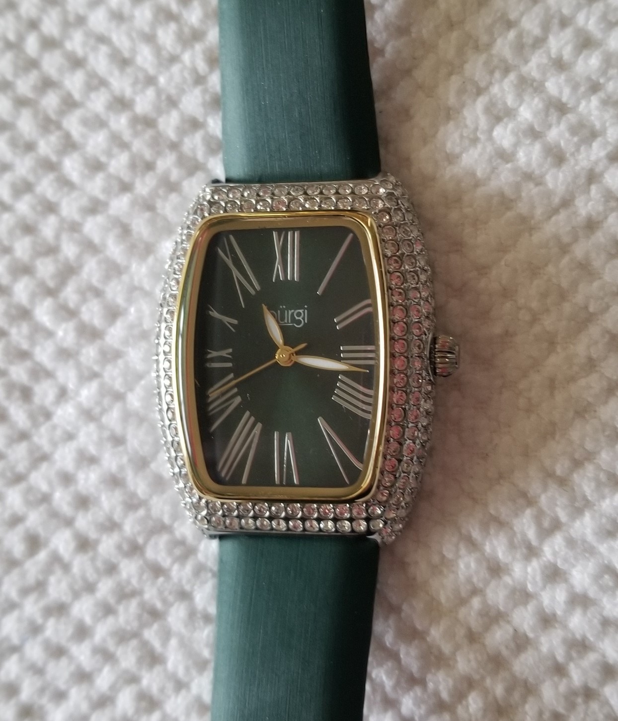 Burgi Two Tone Watch Pave Bezel Green Dial & Leather Band 6″-7″ New Battery