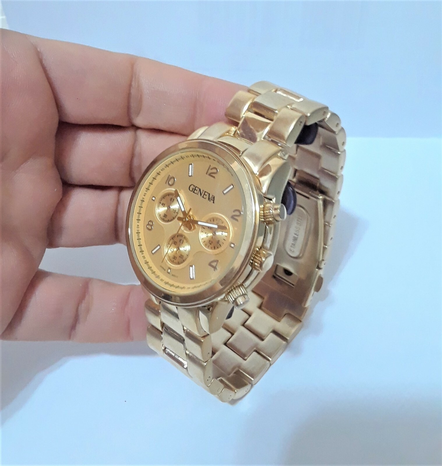 1.5″ Geneva Gold Wrist Band Watch Chronograph Style Bracelet Link Wrap