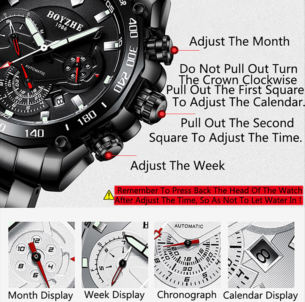 Mens Silver Army Automatic Mechanical Watch Luminous White Dial Stainless Steel