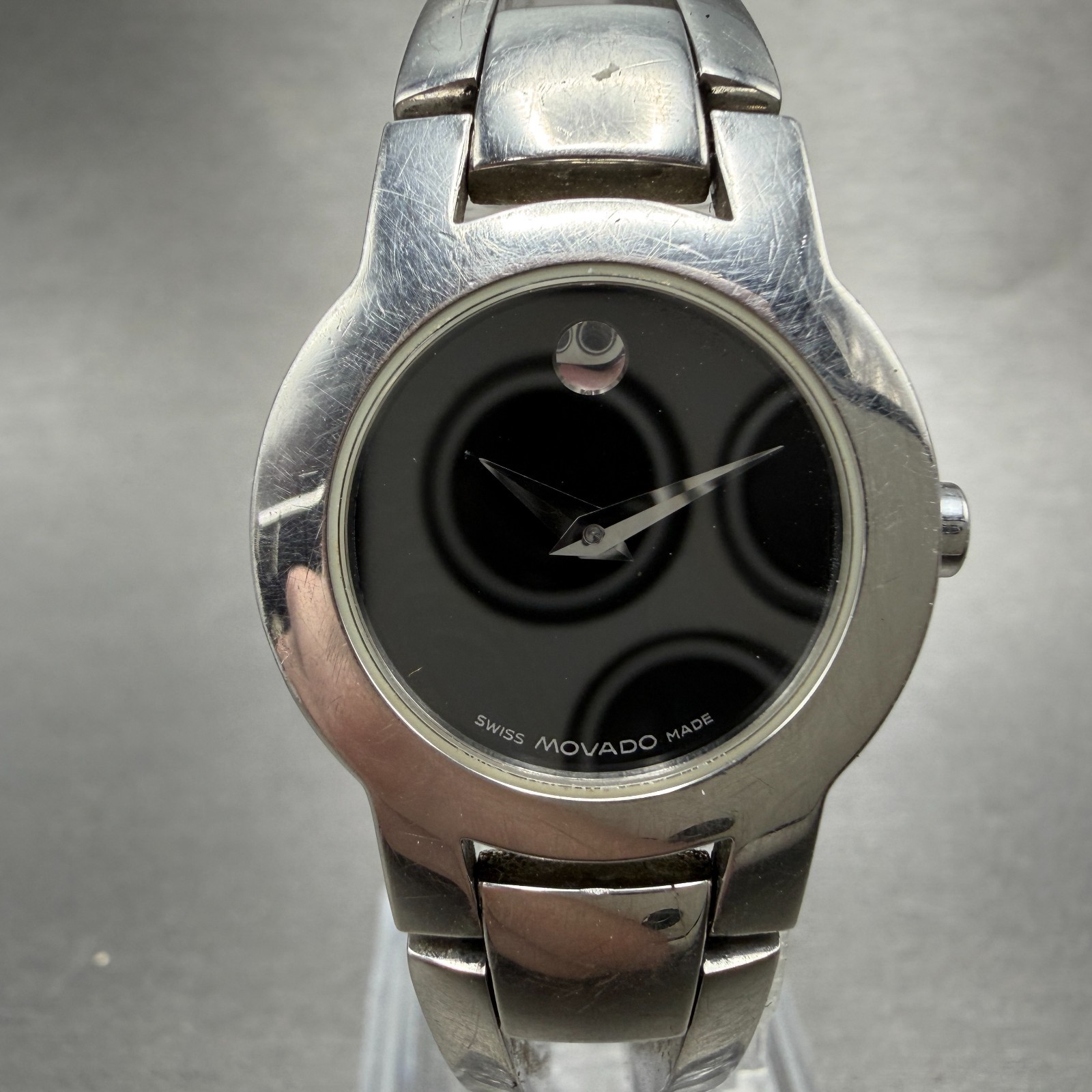 Movado Amorosa Watch Women 24m Black Dial Silver Tone Round 84 E4 1842 NewBat NB