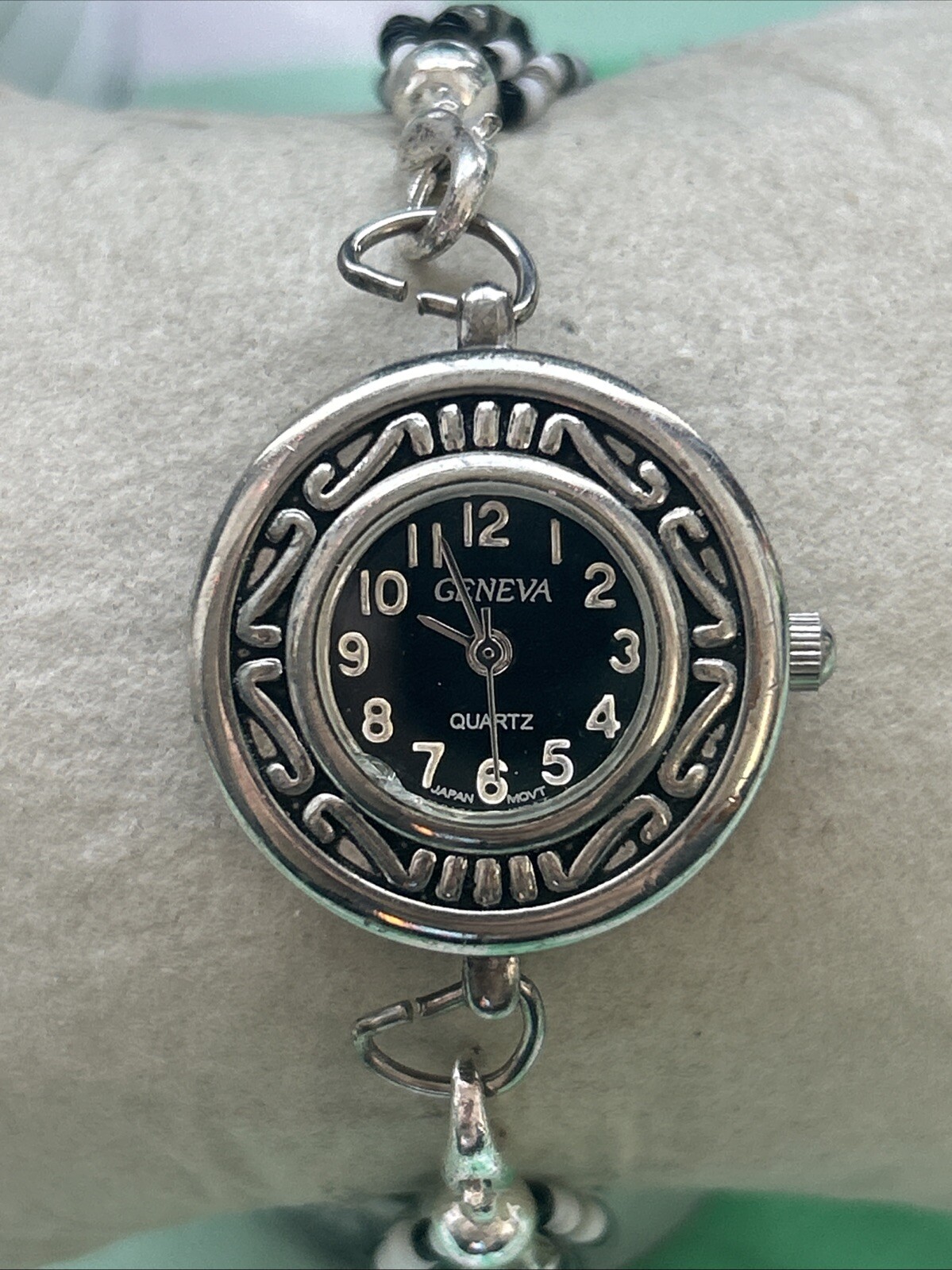 Geneva Silver Tone Black And White Band Women’s Quartz Watch