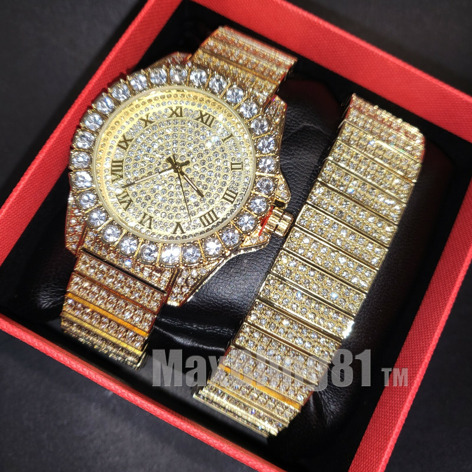Men Hip Hop Style Full Iced Icy Bling Gold Tone Metal WATCH & BRACELET Gift Set