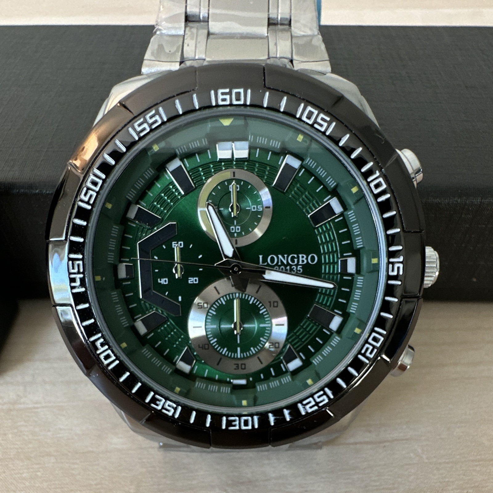 LONGBO Quartz Chronograph Green Dial 44-47.9mm SS Bracelet 30m w/ Box