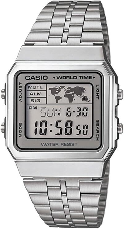 Casio A500WA-7 Vintage Digital World Time Dual Time LED Backlight Steel Band GMT