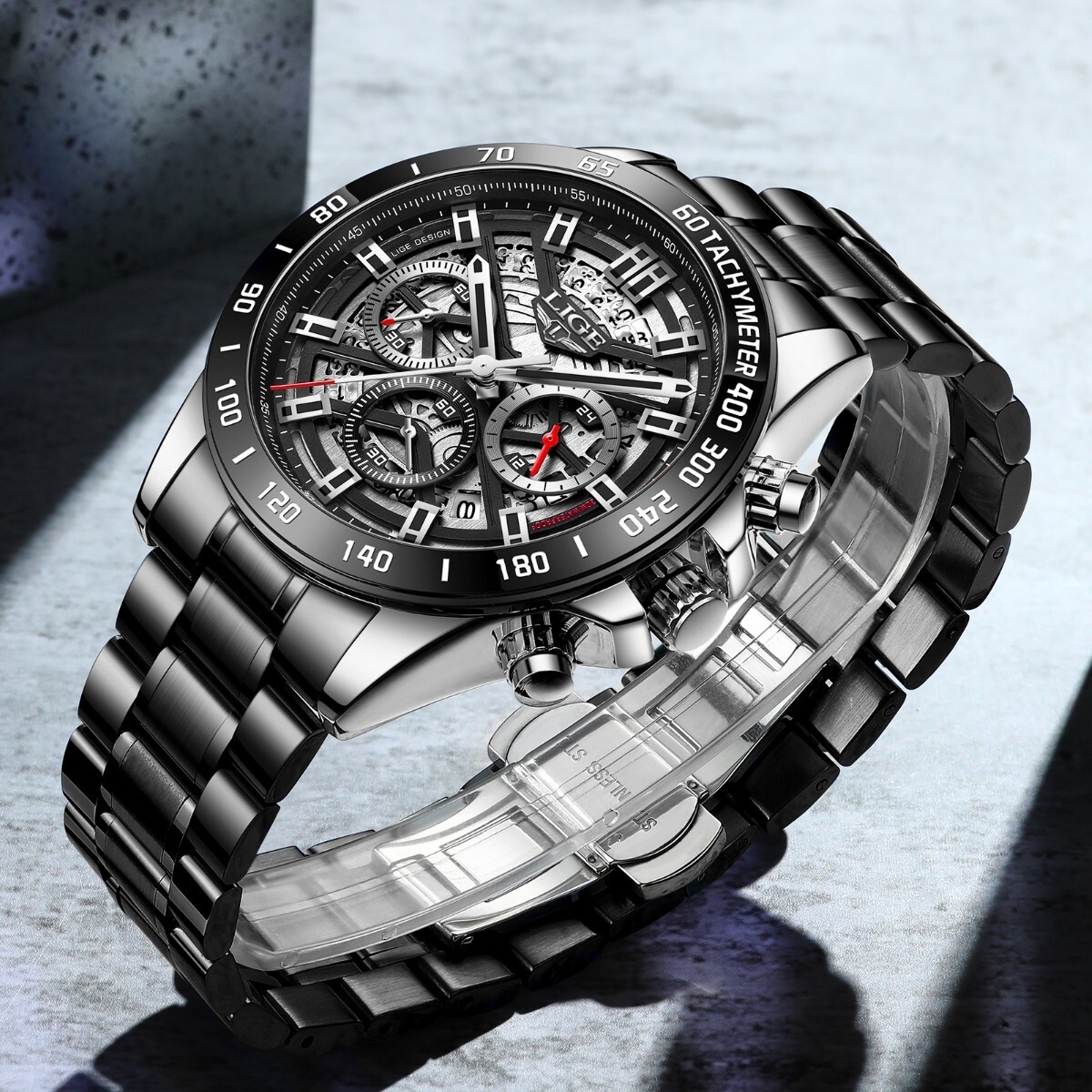 LIGE Men Watch Quartz Mechanical Date 3ATM Waterproof Stainless Steel Wristwatch