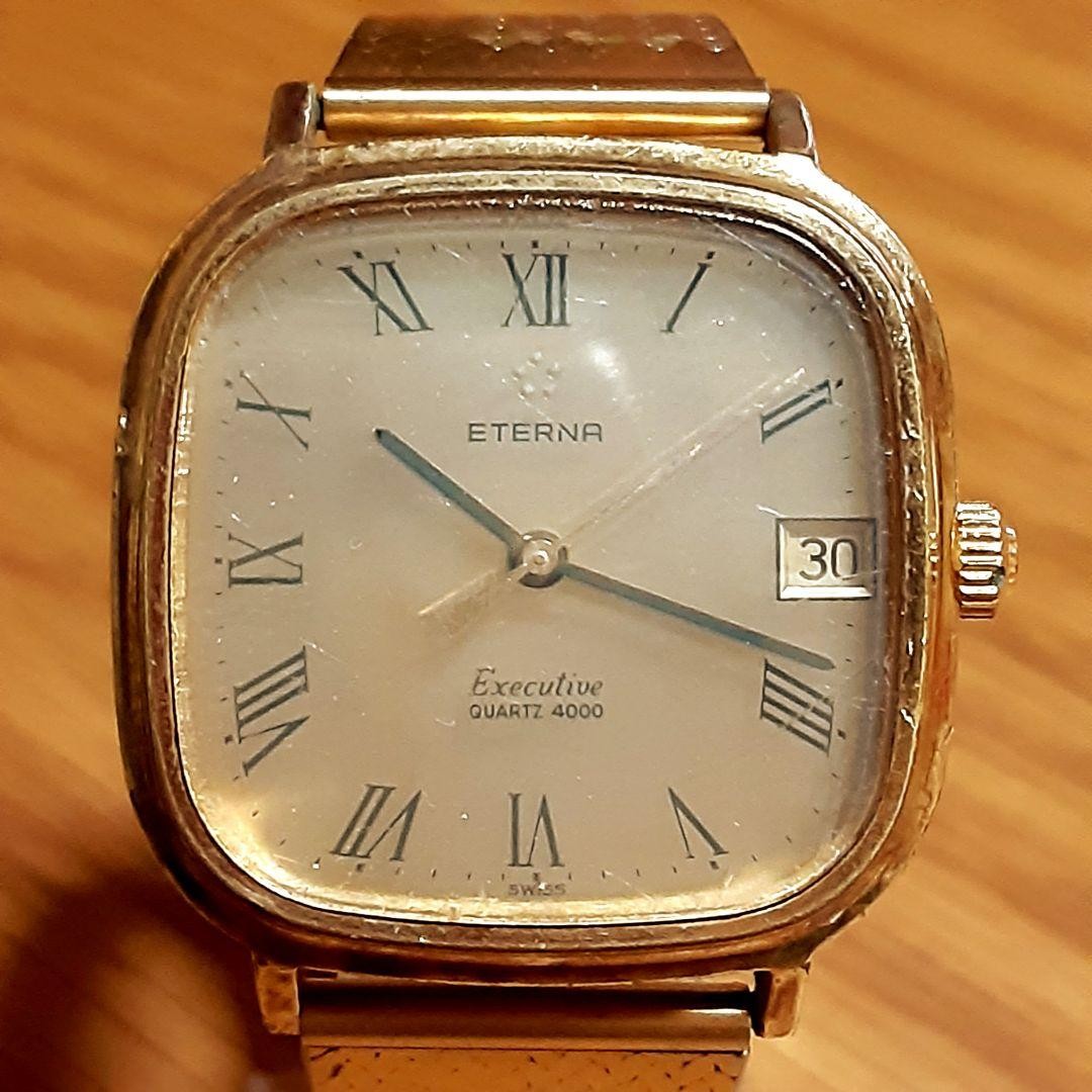 Working Eterna Quartz 4000 Gold Date Mens Watch 35mm Case Free Size Silver Back