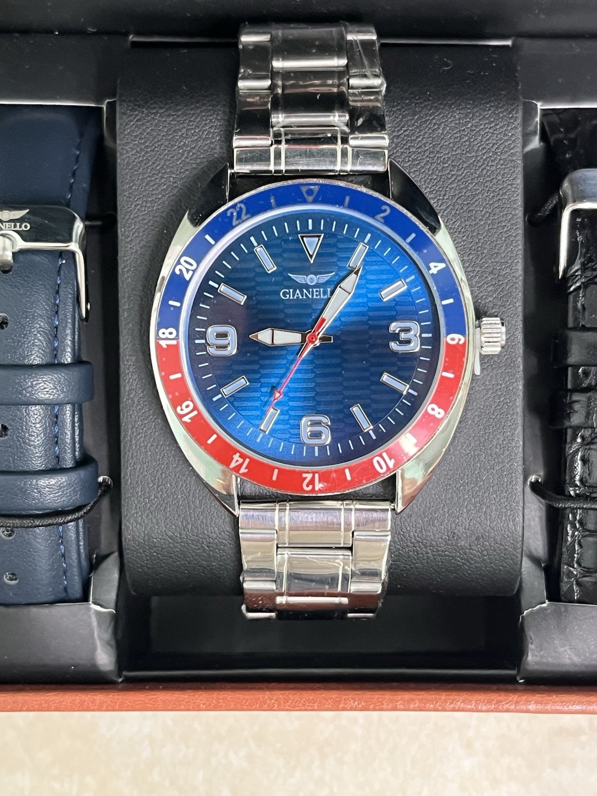 Gianello Drift Blue, Silver, And Red Dial Interchangeable 3 Strap Watch Set