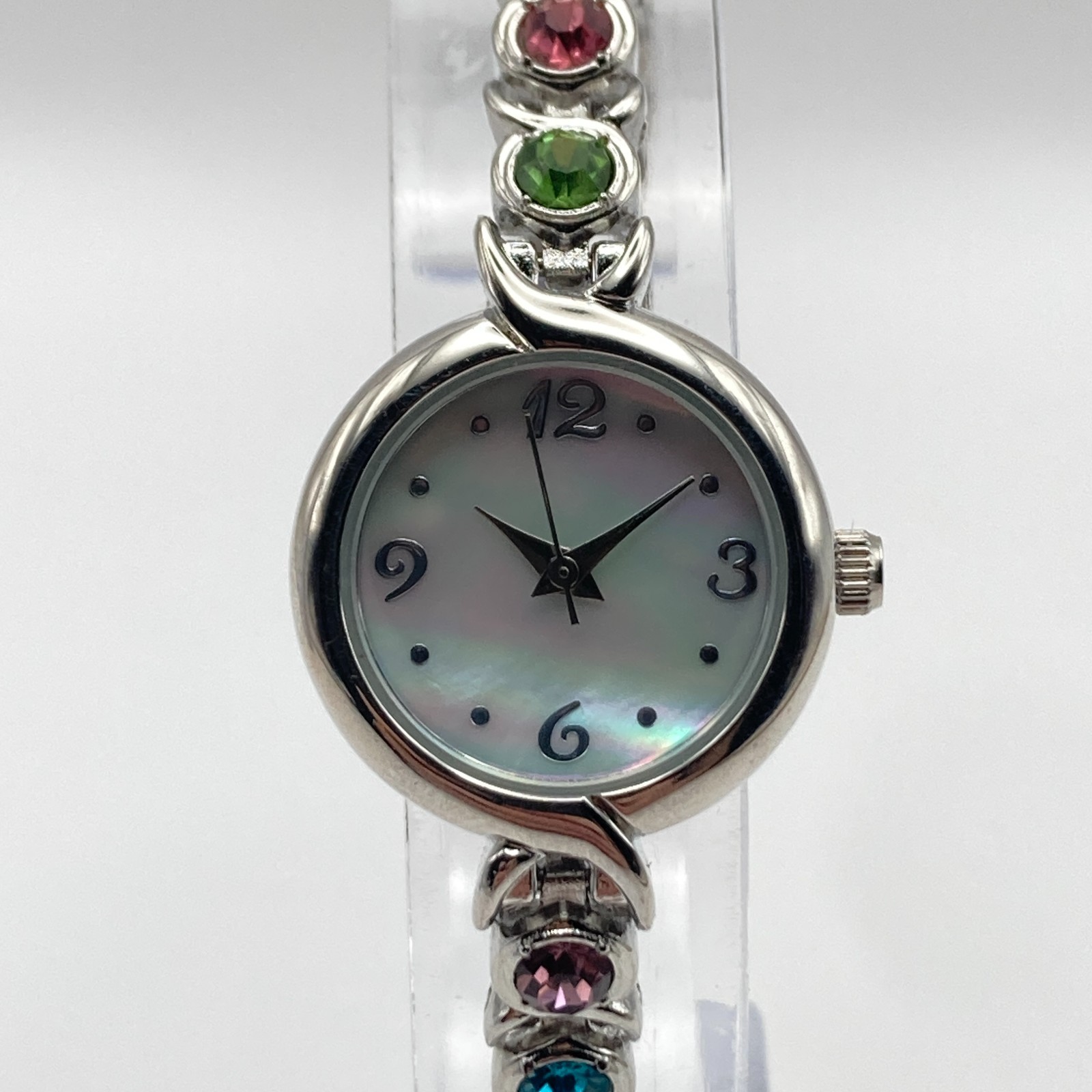 Modern Womens Watch 22mm Silver Tone Rainbow Crystals MOP Dial New Battery 6.75″