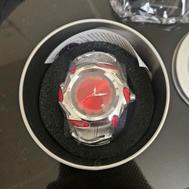Watch, Red Dial Silver-Tone Metal Bracelet Round Case w Box